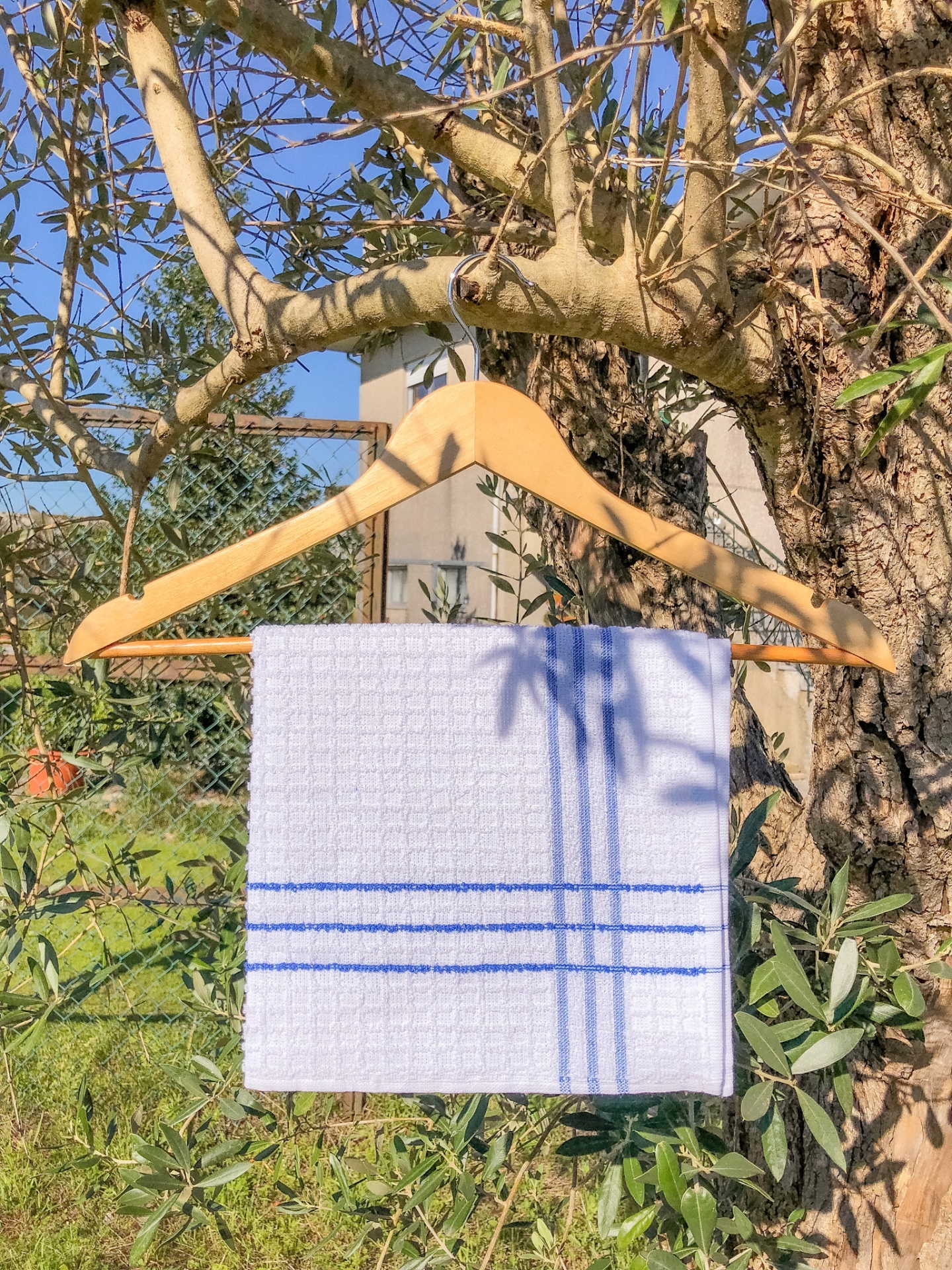 Toalha branca com riscas azuis pendurada num cabide de madeira numa árvore