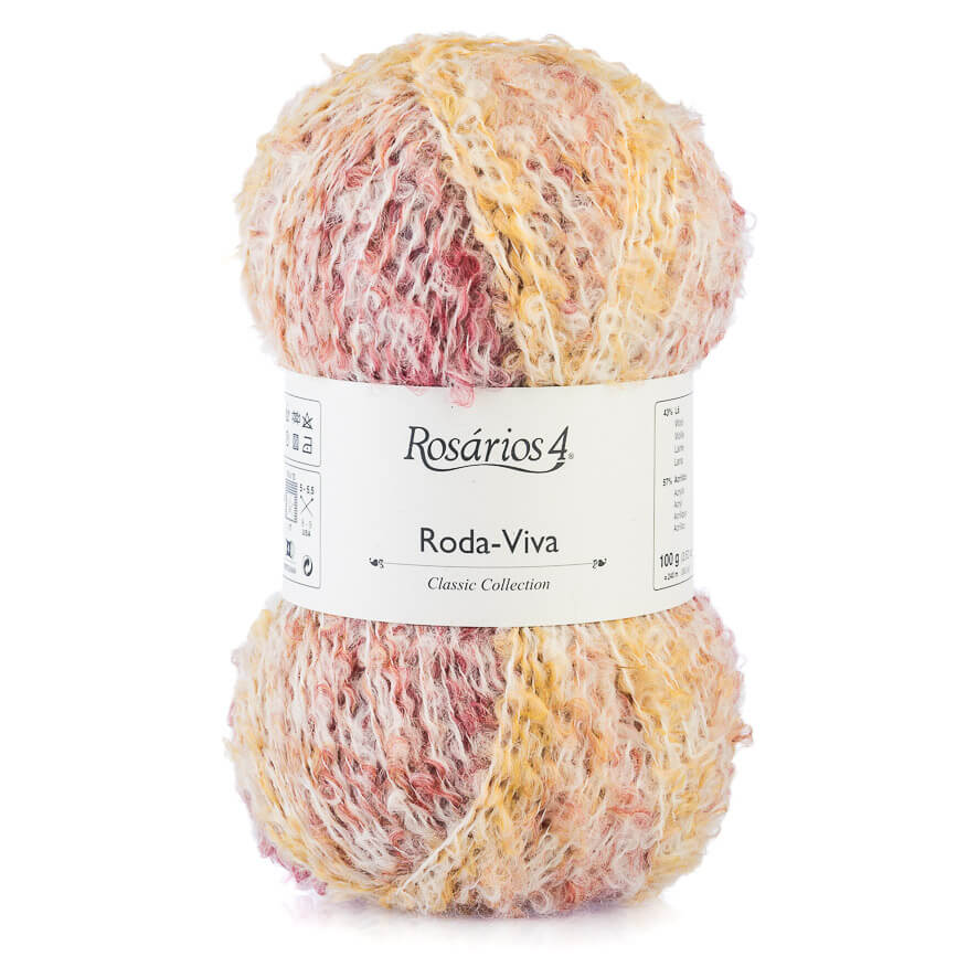 Novelo de lã multicolor com etiqueta Rosários 4 Roda-Viva