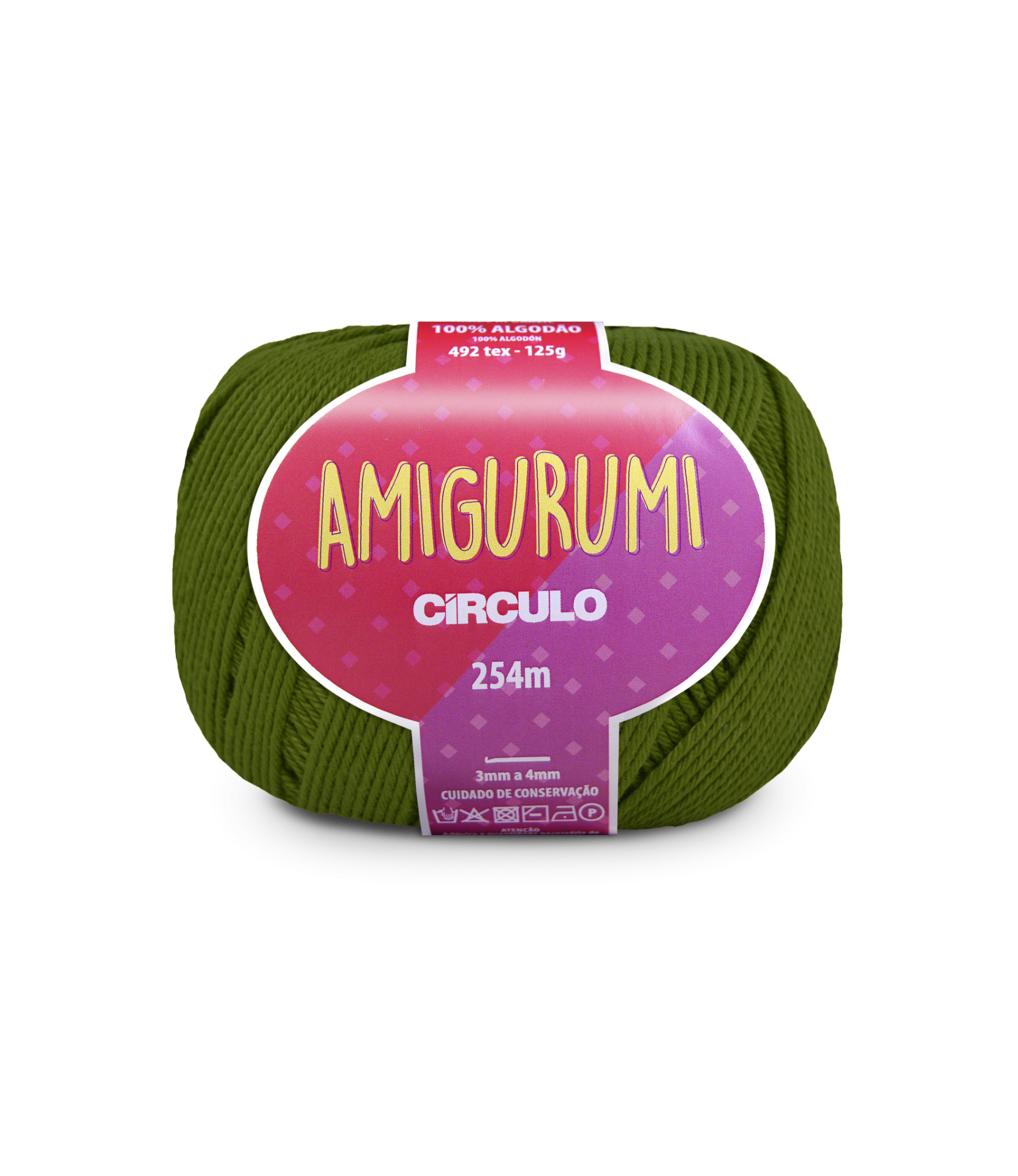 Novelo de fio Amigurumi verde escuro Círculo com etiqueta rosa