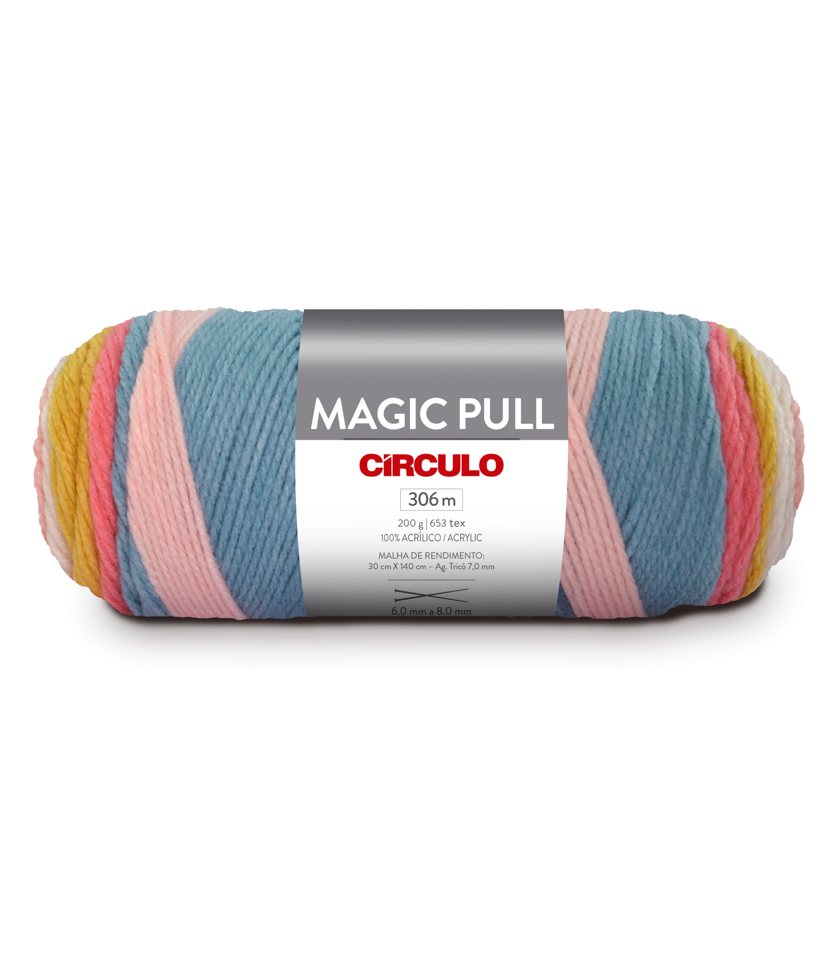 Novelo de lã multicolorida com etiqueta MAGIC PULL CIRCULO