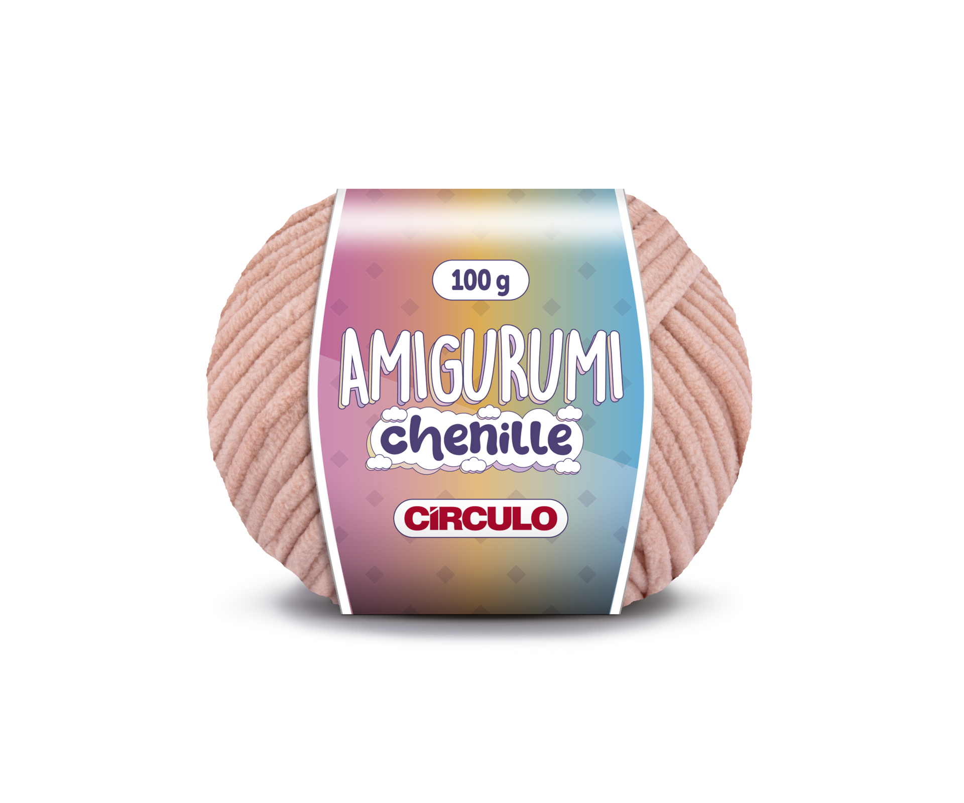 Novelo de lã chenille rosa claro com etiqueta colorida e texto