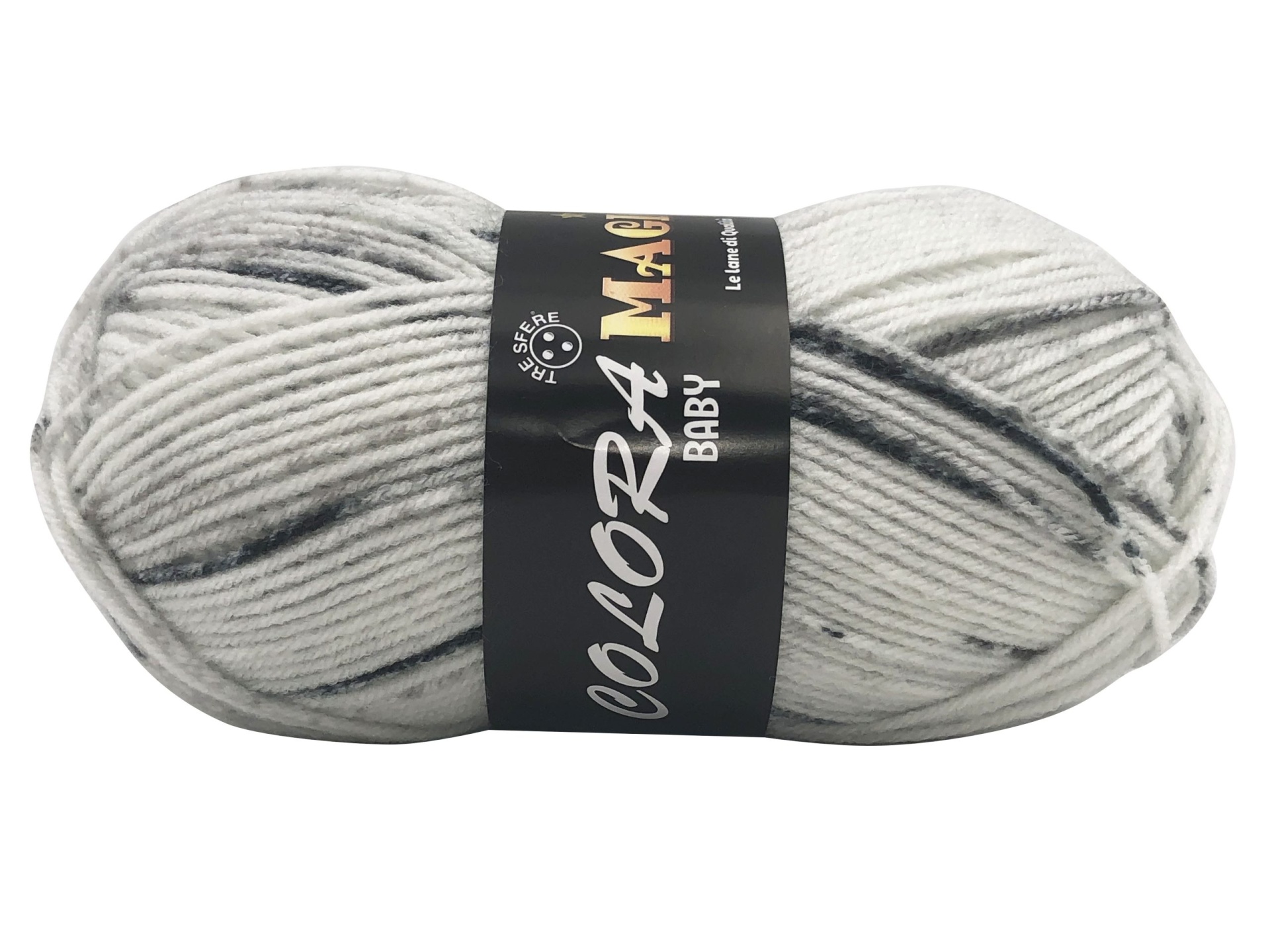 Novelo de fio cinza claro com rótulo preto e texto COLOR4MAGIC BABY