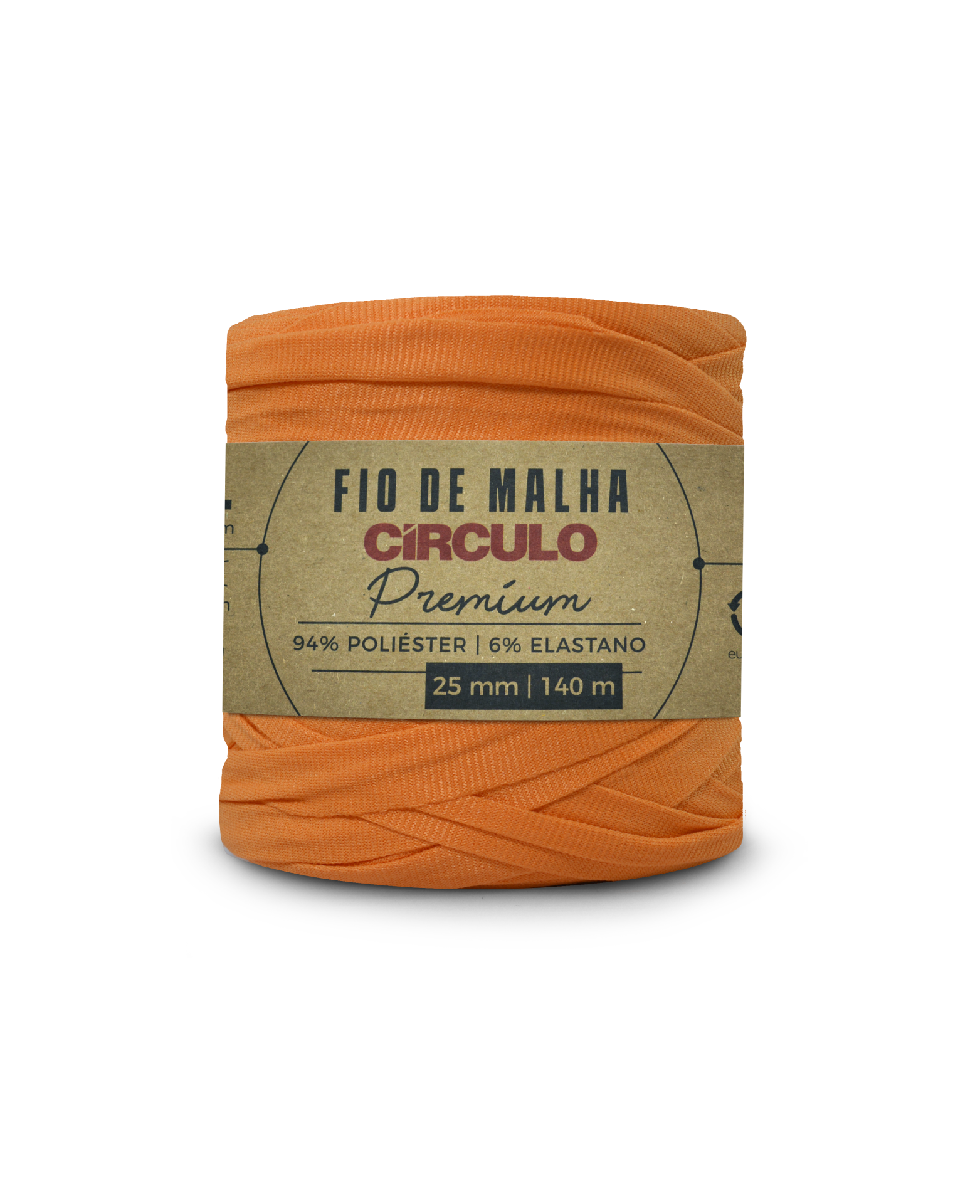Rolo de fio de malha laranja com rótulo de papel kraft marca Círculo