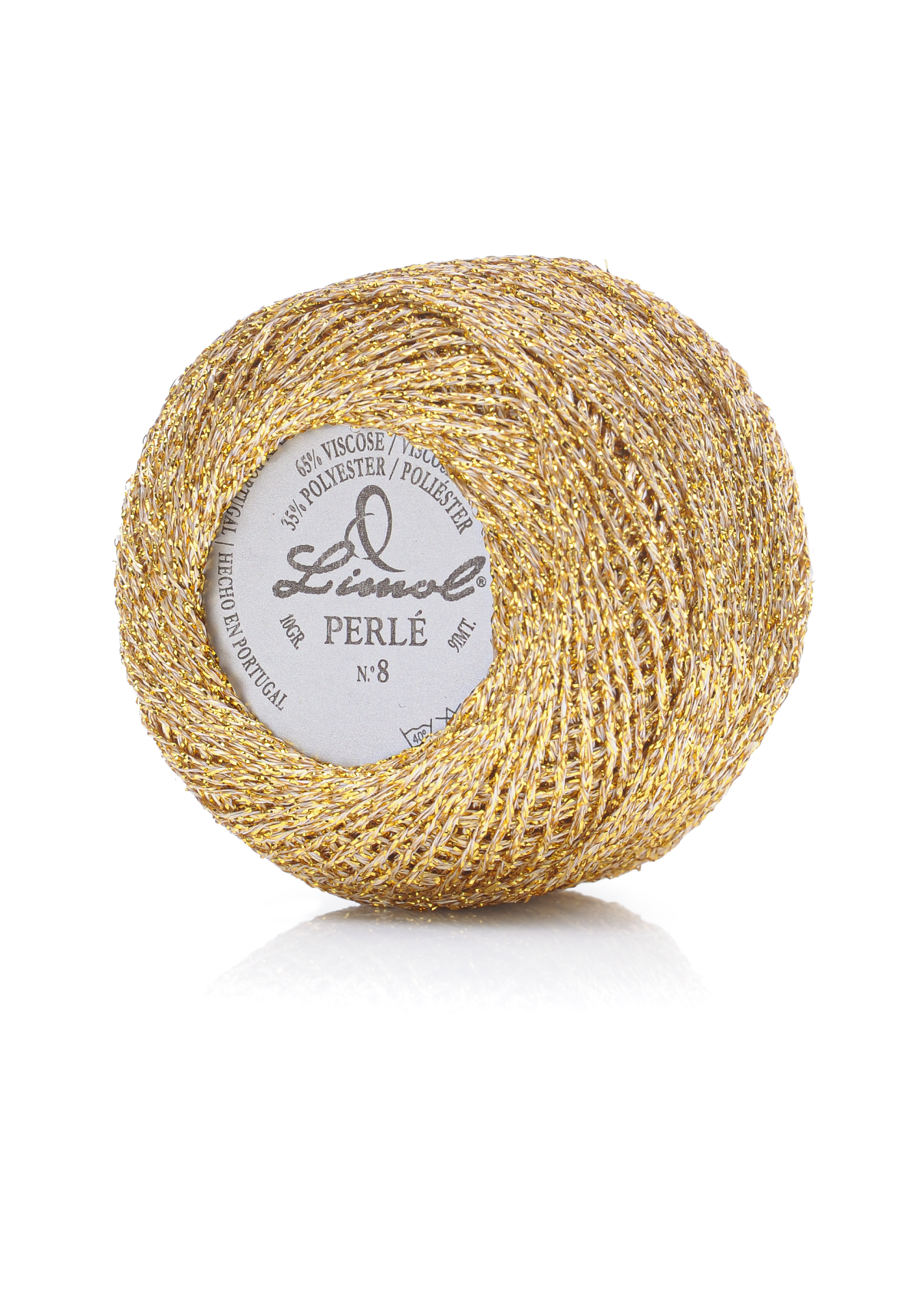 Novelo de linha metálica dourada Limol Perlé N.º 8 com etiqueta central em fundo branco