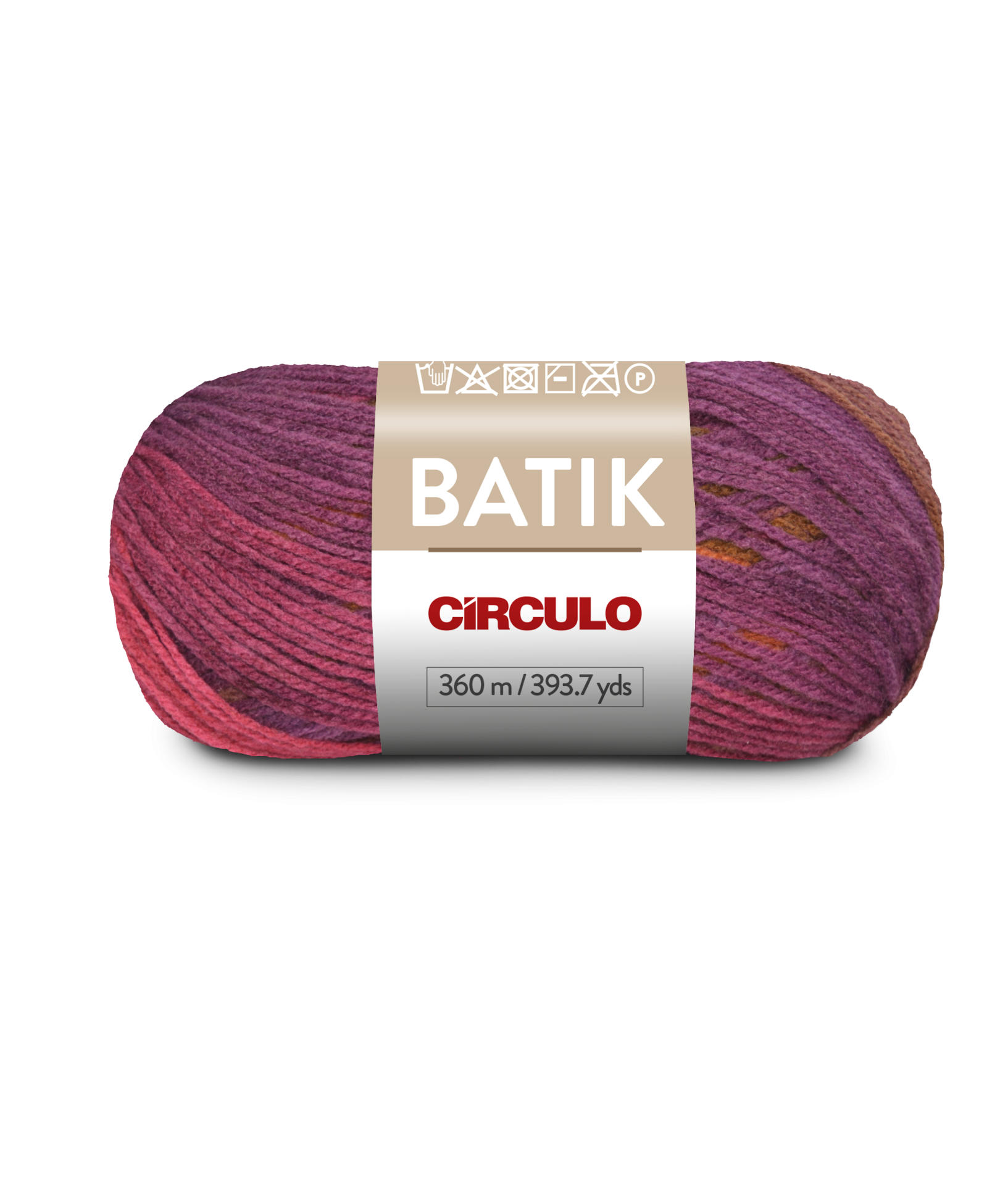 Novelo de fio batik Círculo em tons roxo, vermelho e castanho com etiqueta