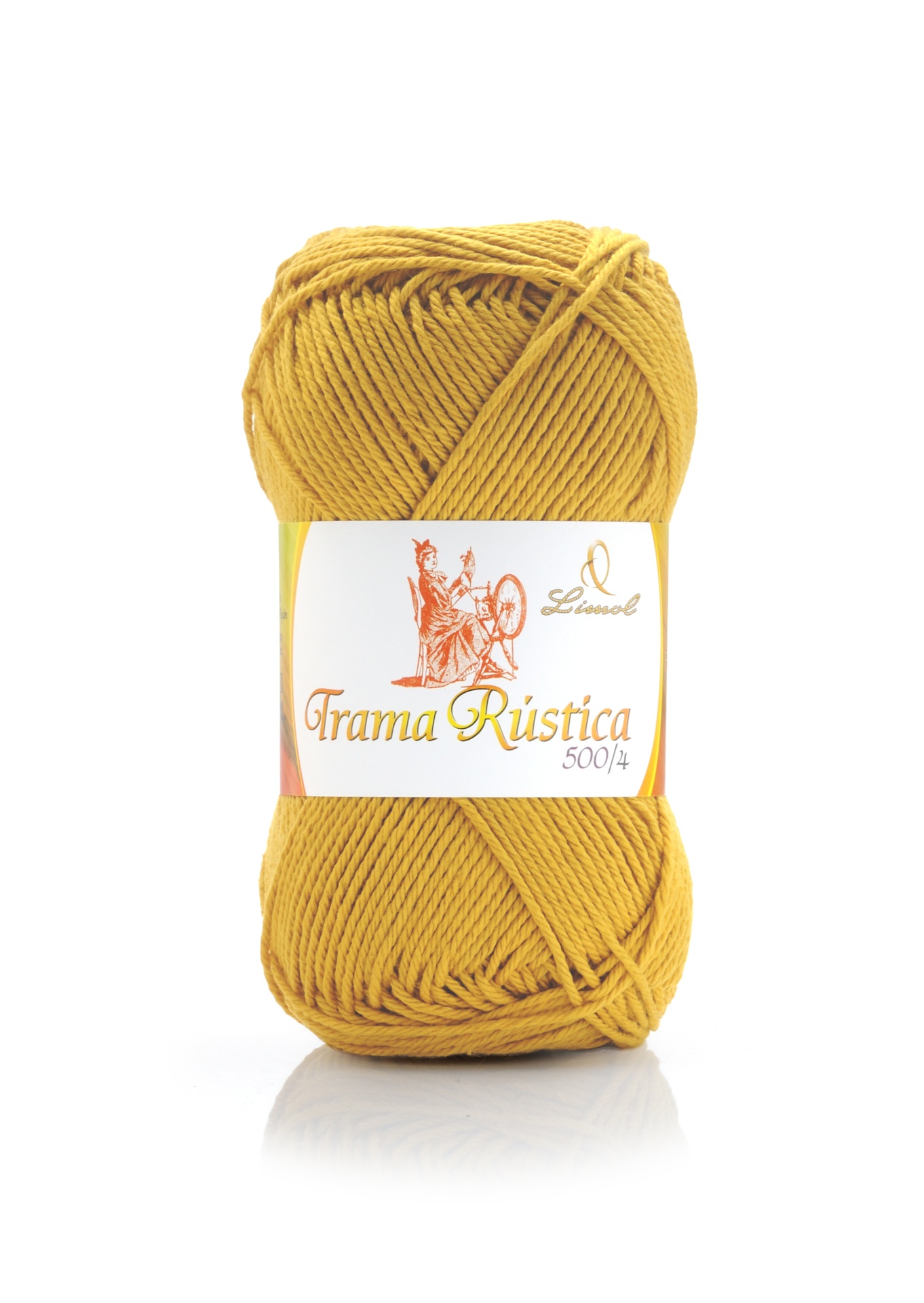 Novelo de fio de lã amarelo com etiqueta Trama Rústica