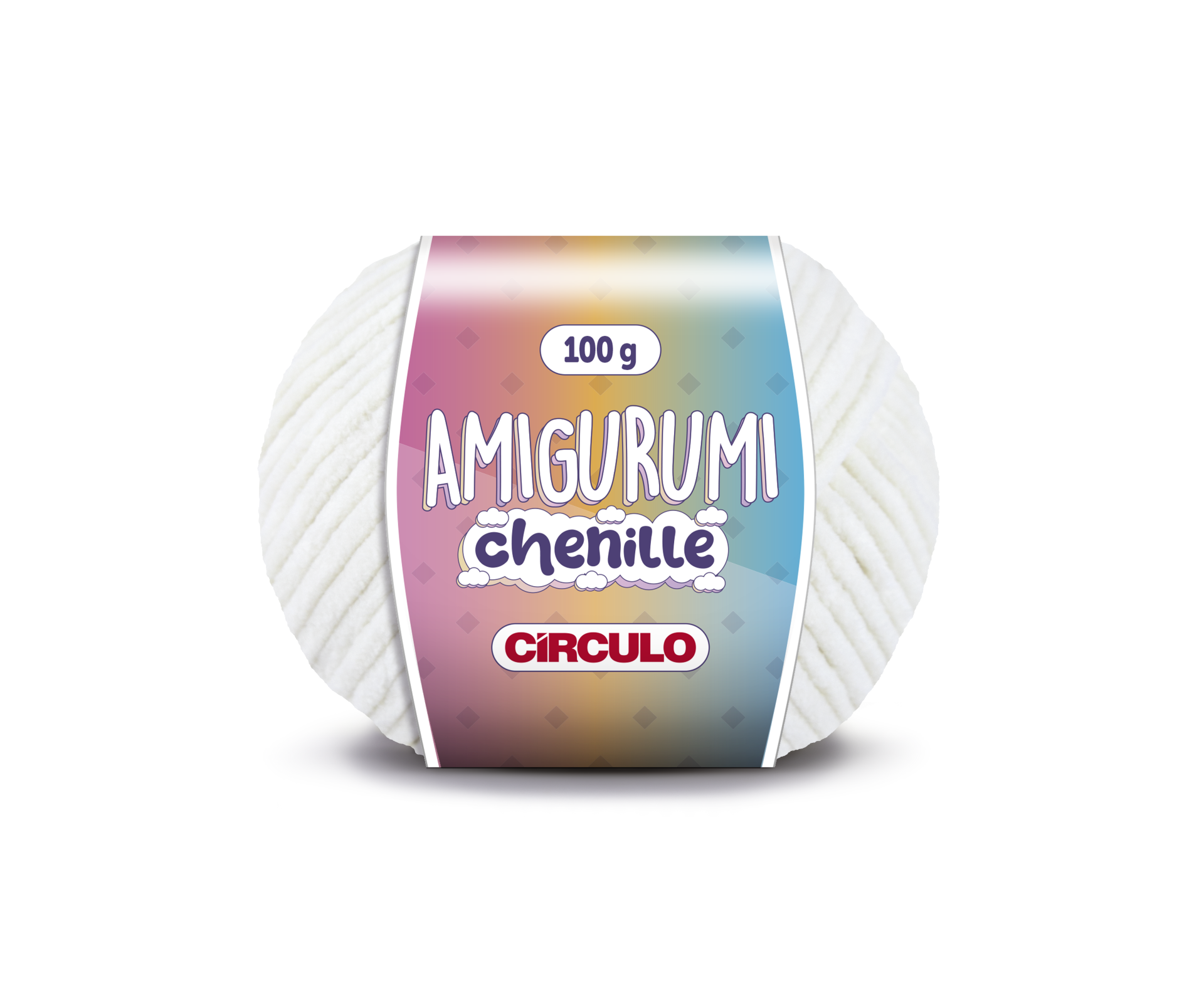 Novelo de fio chenille branco com etiqueta colorida AMIGURUMI