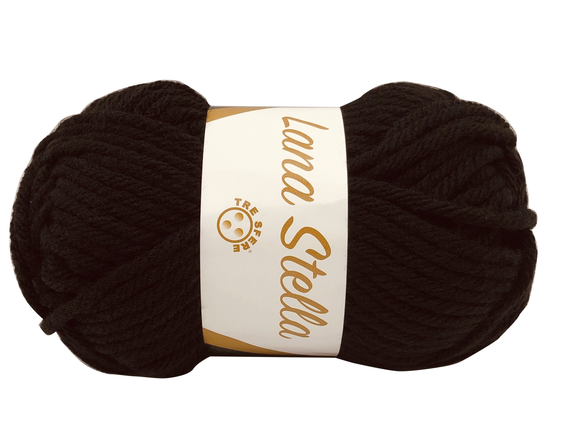 Novelo de lã preta com etiqueta 'Lana Stella'