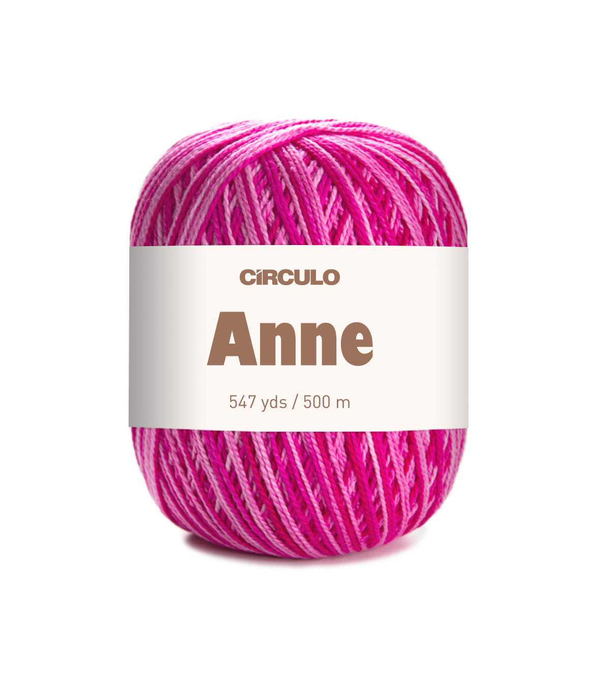 Novelo de fio rosa multicolorido com etiqueta branca CÍRCULO Anne.