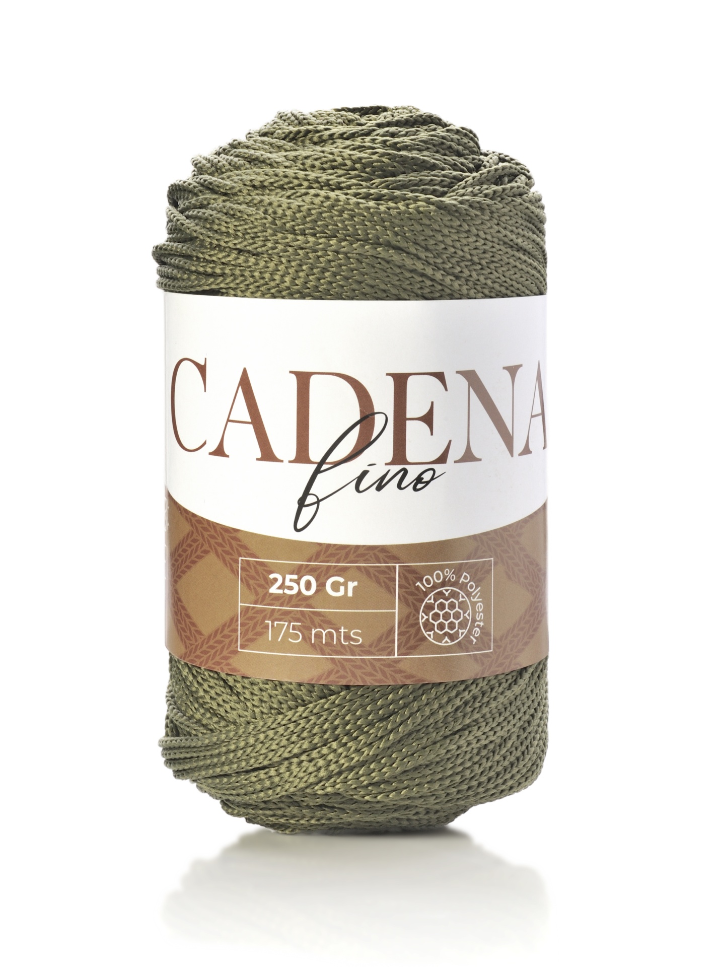 Novelo de fio verde oliva com rótulo CADENA fino 250 Gr 175 mts