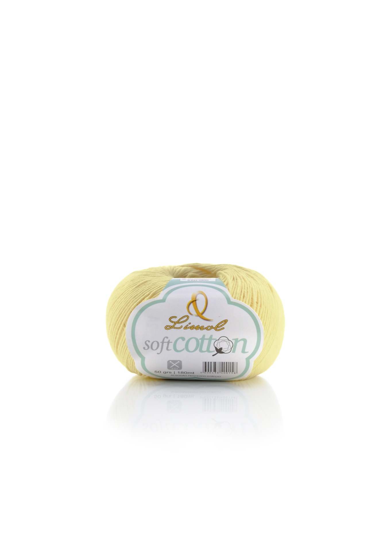 Novelo de fio amarelo claro de algodão com etiqueta Linarol Soft Cotton