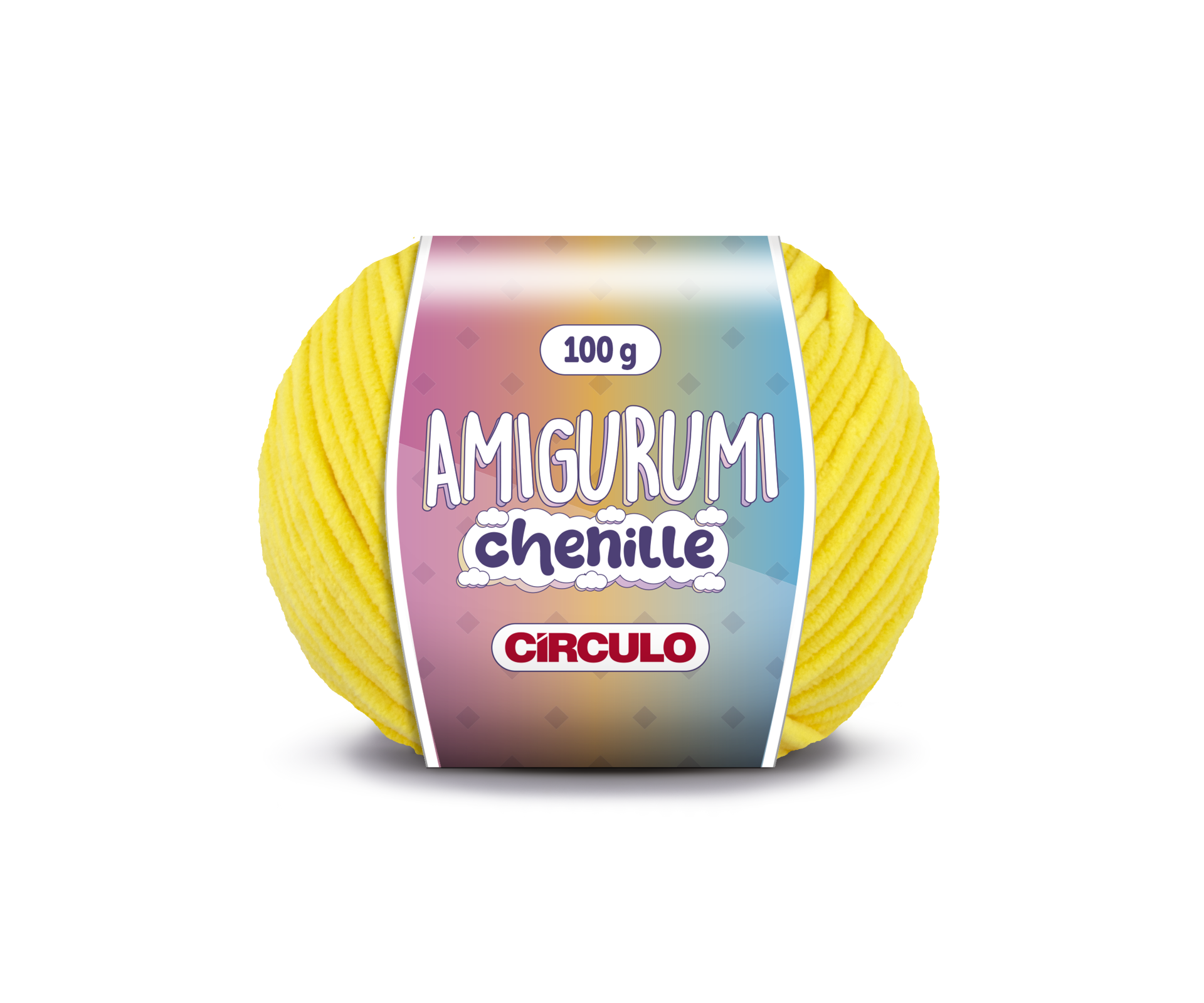 Novelo de lã amarelo com etiqueta colorida da marca CÍRCULO.