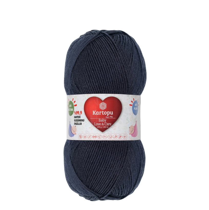 Novelo de lã azul escura da marca Kartopu com etiqueta informativa.