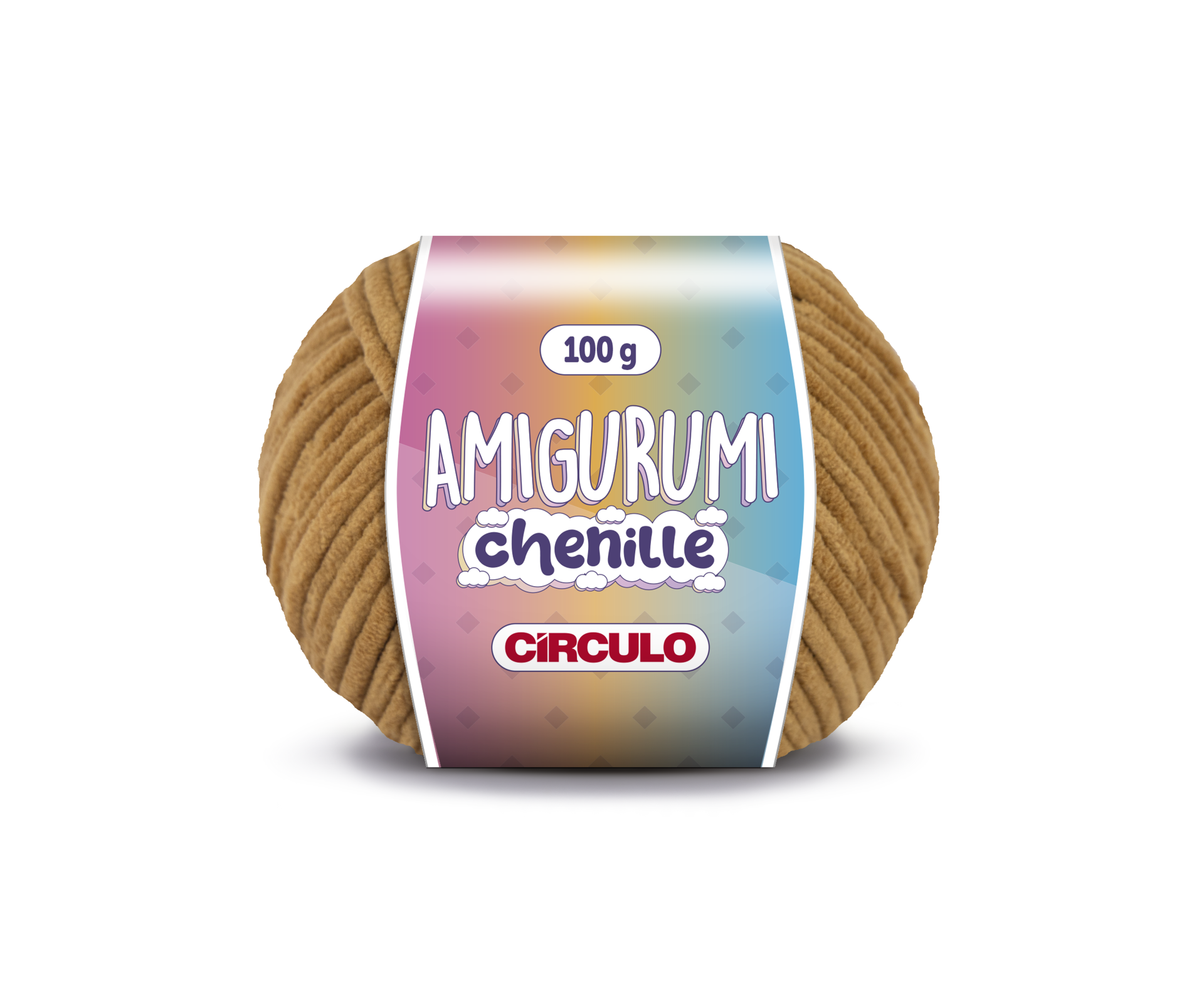 Novelo de fio chenille castanho com etiqueta colorida da marca CÍRCULO
