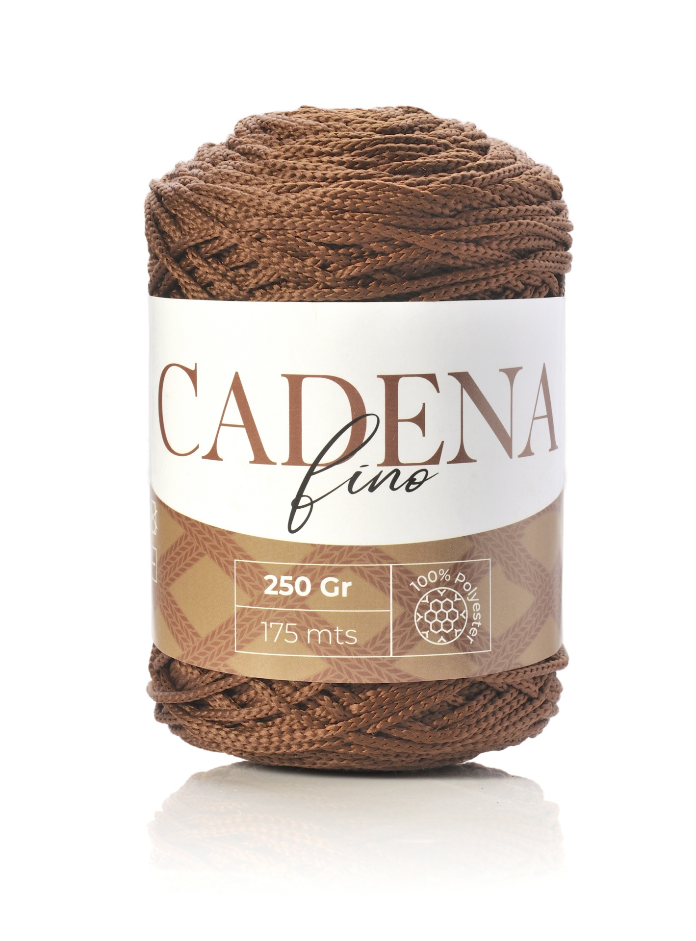 Novelo de fio marrom Cadena fino com rótulo branco e bege