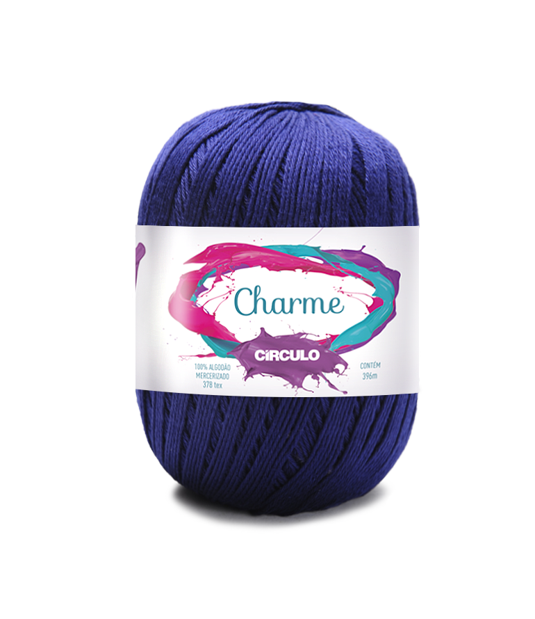 Novelo de fio de algodão azul escuro com rótulo branco e colorido