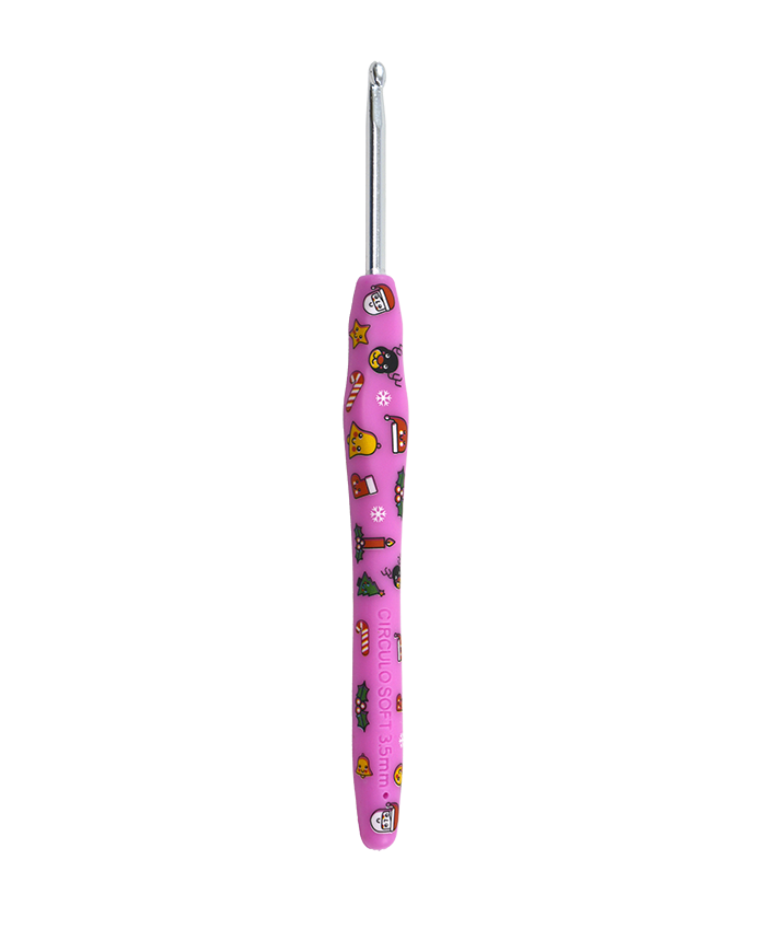 Agulha de crochet rosa com estampados de Natal e gancho metálico