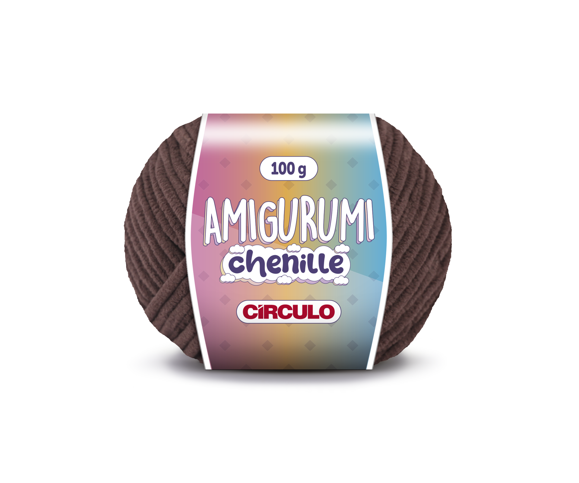 Novelo de lã castanha com etiqueta colorida da marca CIRCULO.