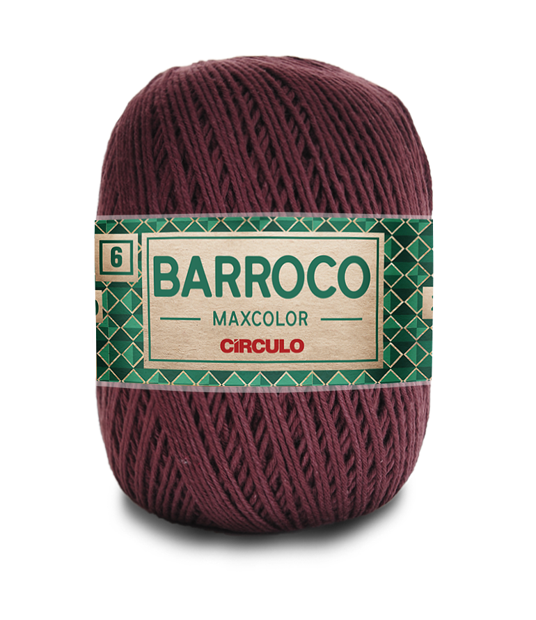 Novelo de fio bordô com rótulo verde e bege da marca Barroco Maxcolor Círculo