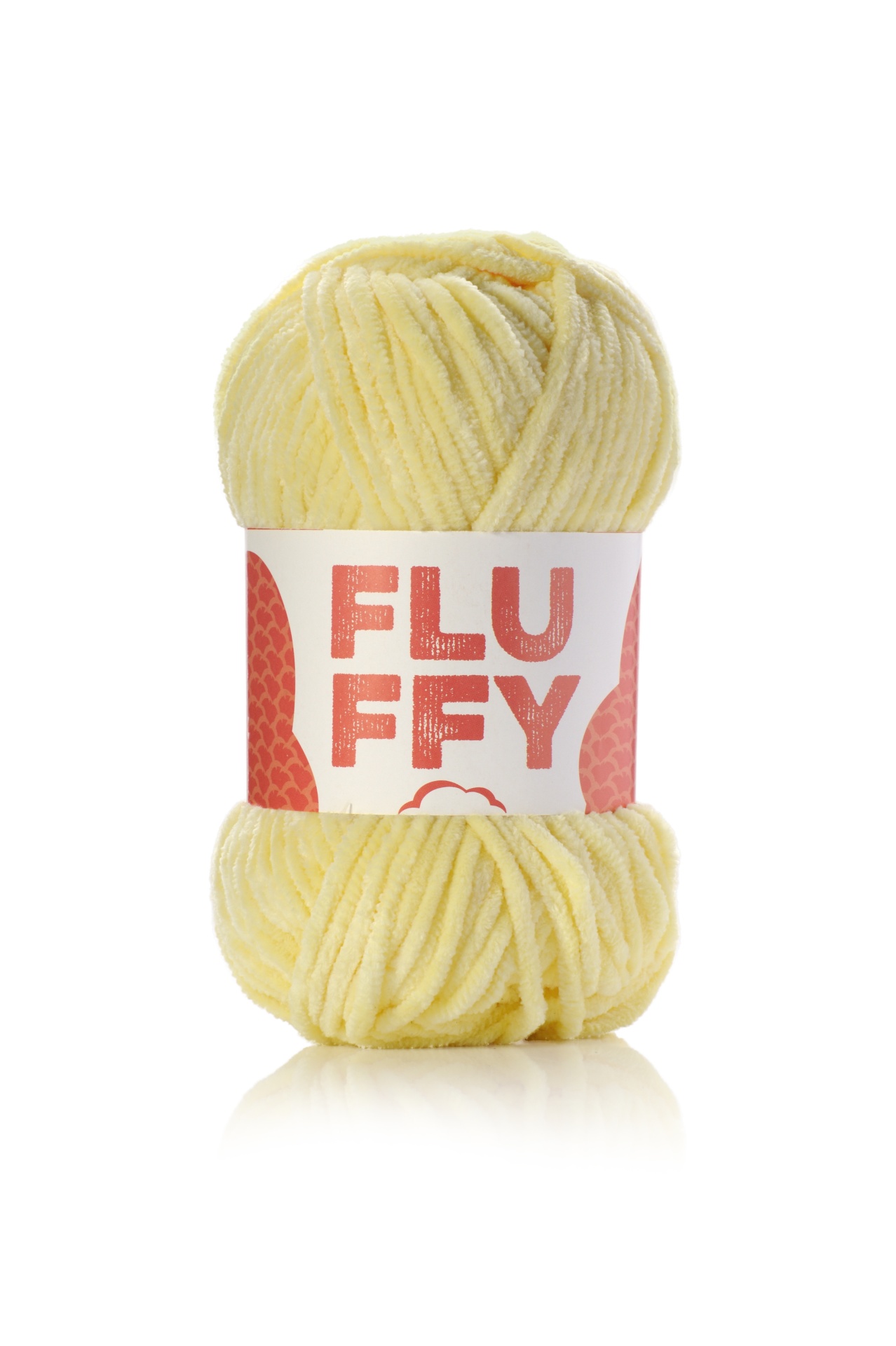 Novelo de lã amarela com etiqueta 'FLUFFY'