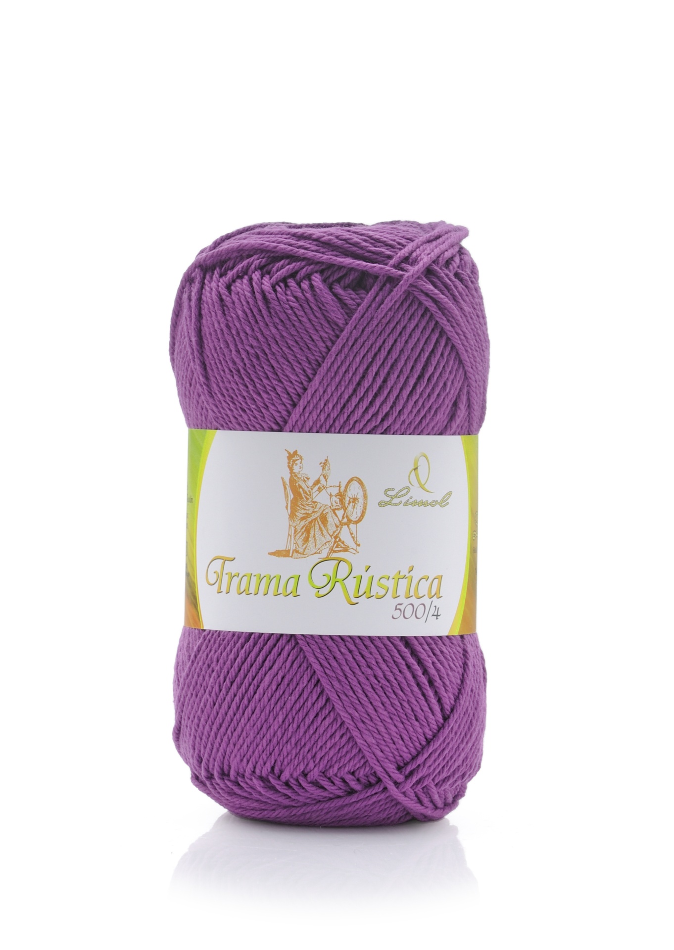 Novelo de lã roxa com rótulo branco e texto Trama Rústica 500/4