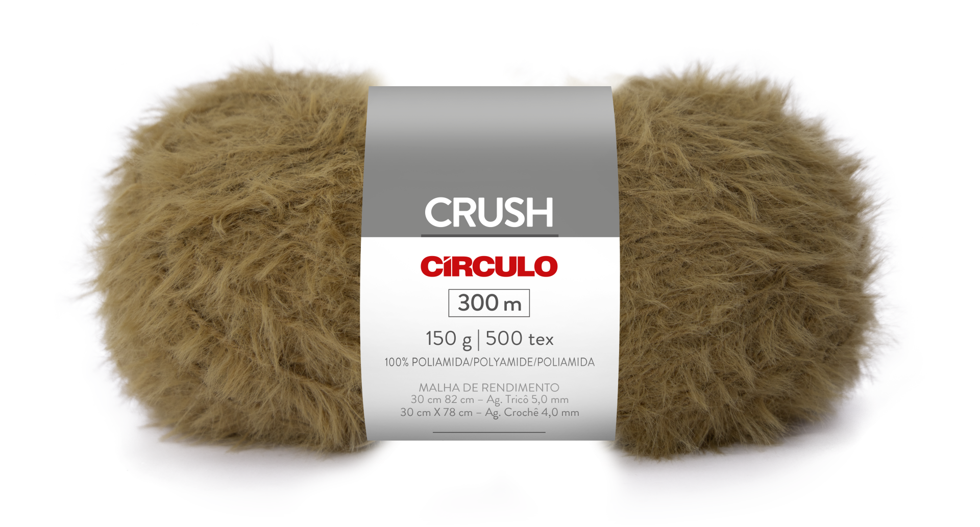 Novelo de fio peludo castanho com etiqueta cinza e branca