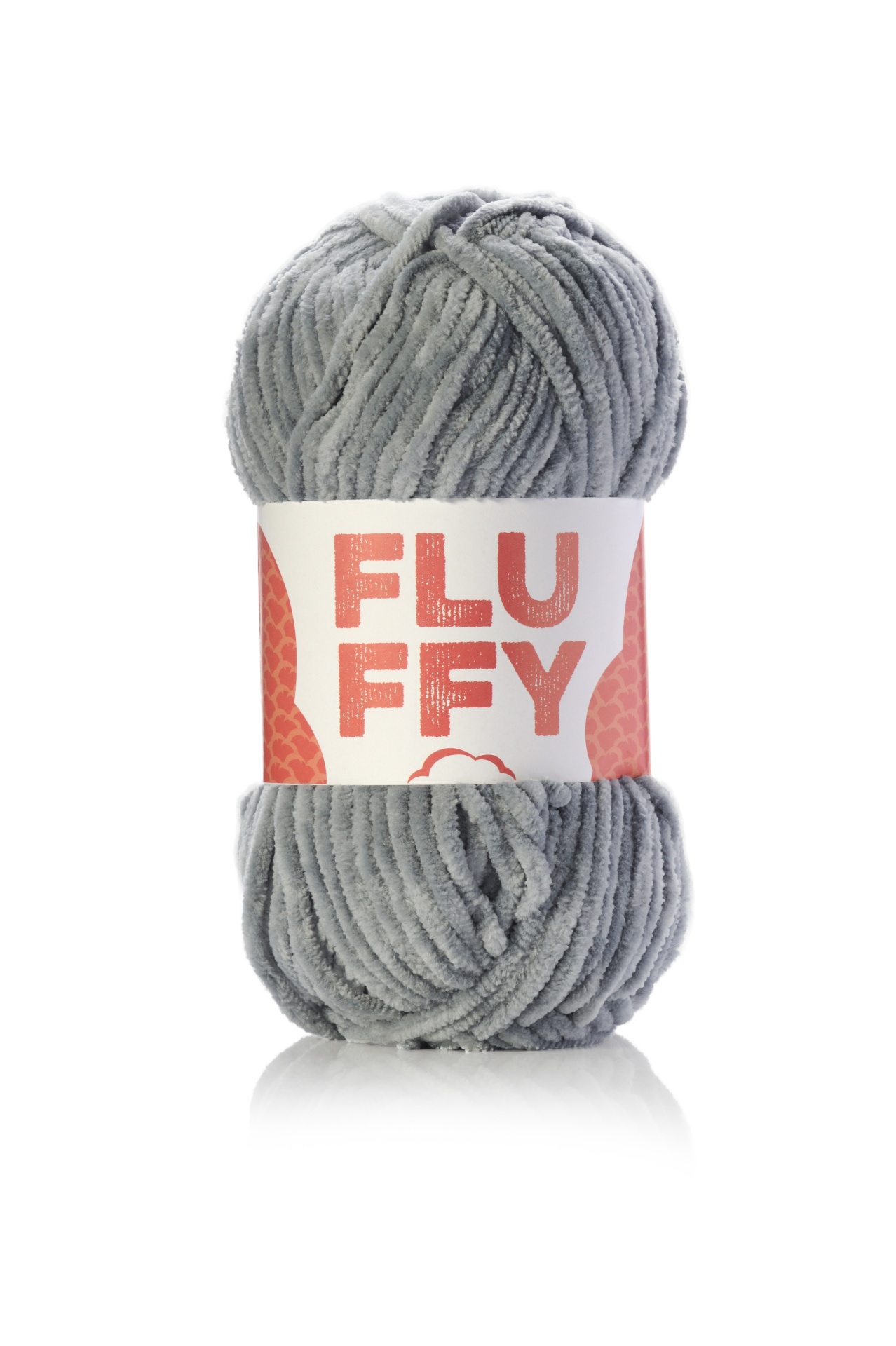 Novelo de lã cinzenta grossa tipo chenille com etiqueta FLUFFY