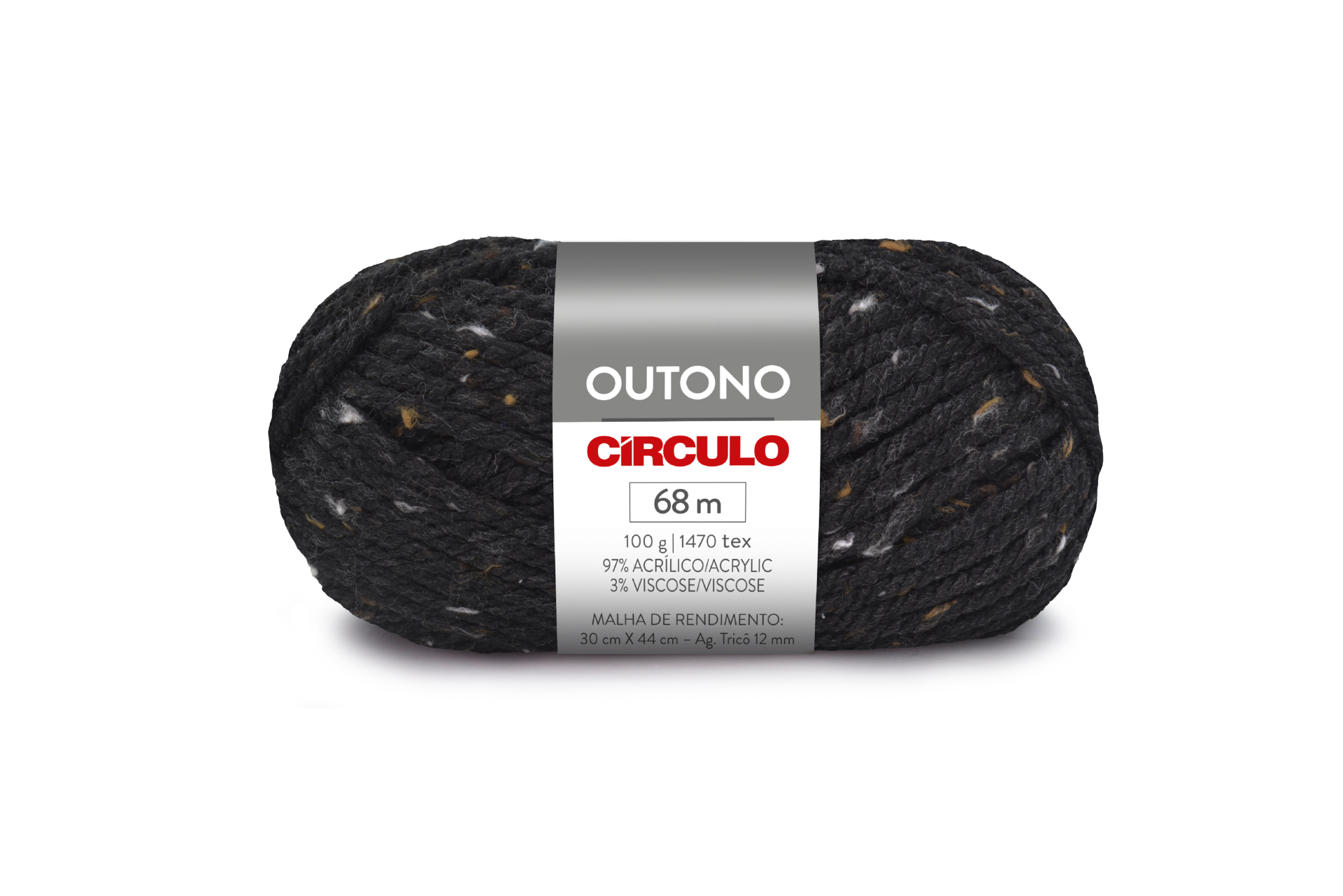 Novelo de lã preta com pontos coloridos e etiqueta Círculo Outono