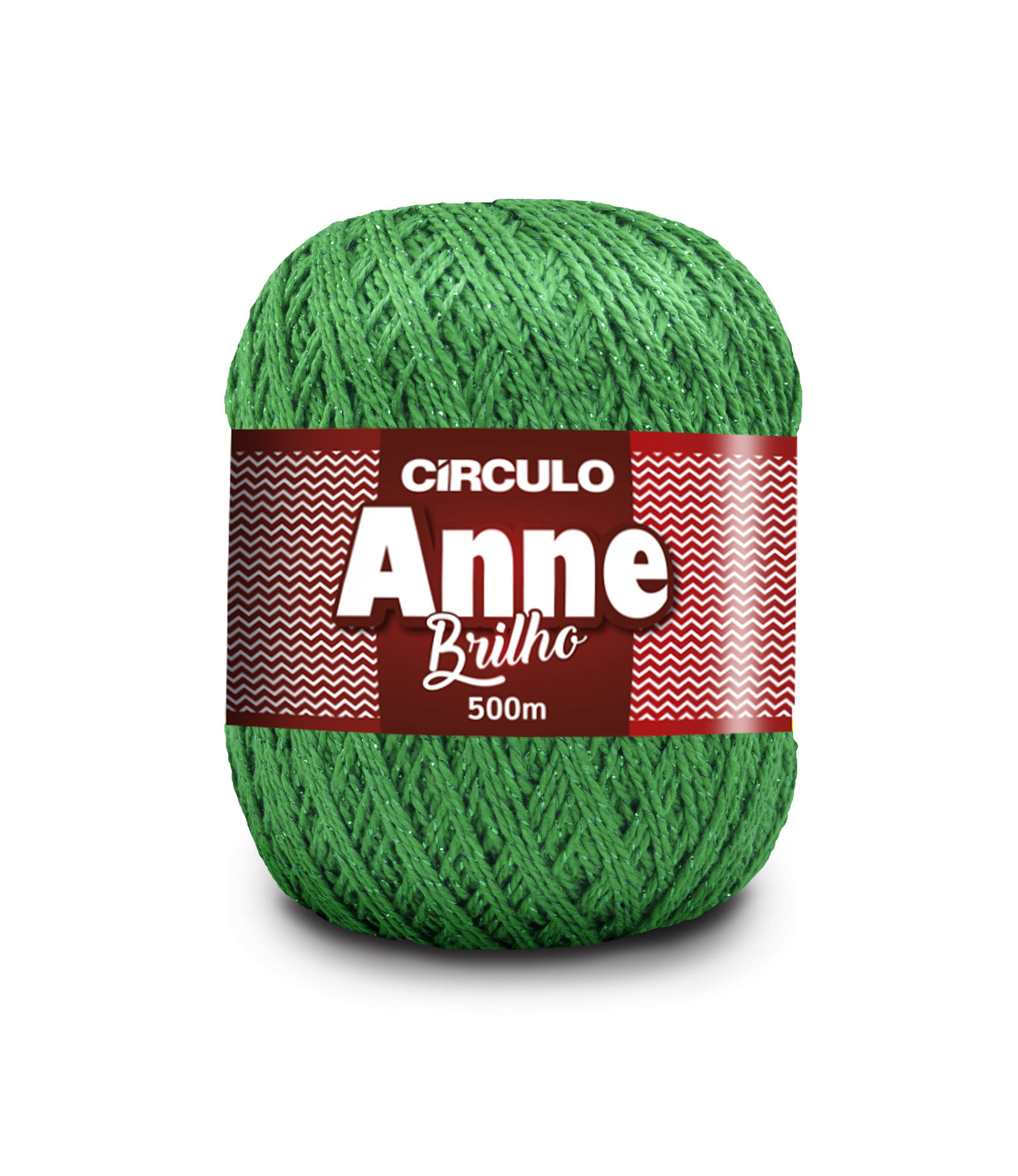 Novelo de fio verde com brilho e rótulo vermelho CIRCULO Anne Brilho 500m
