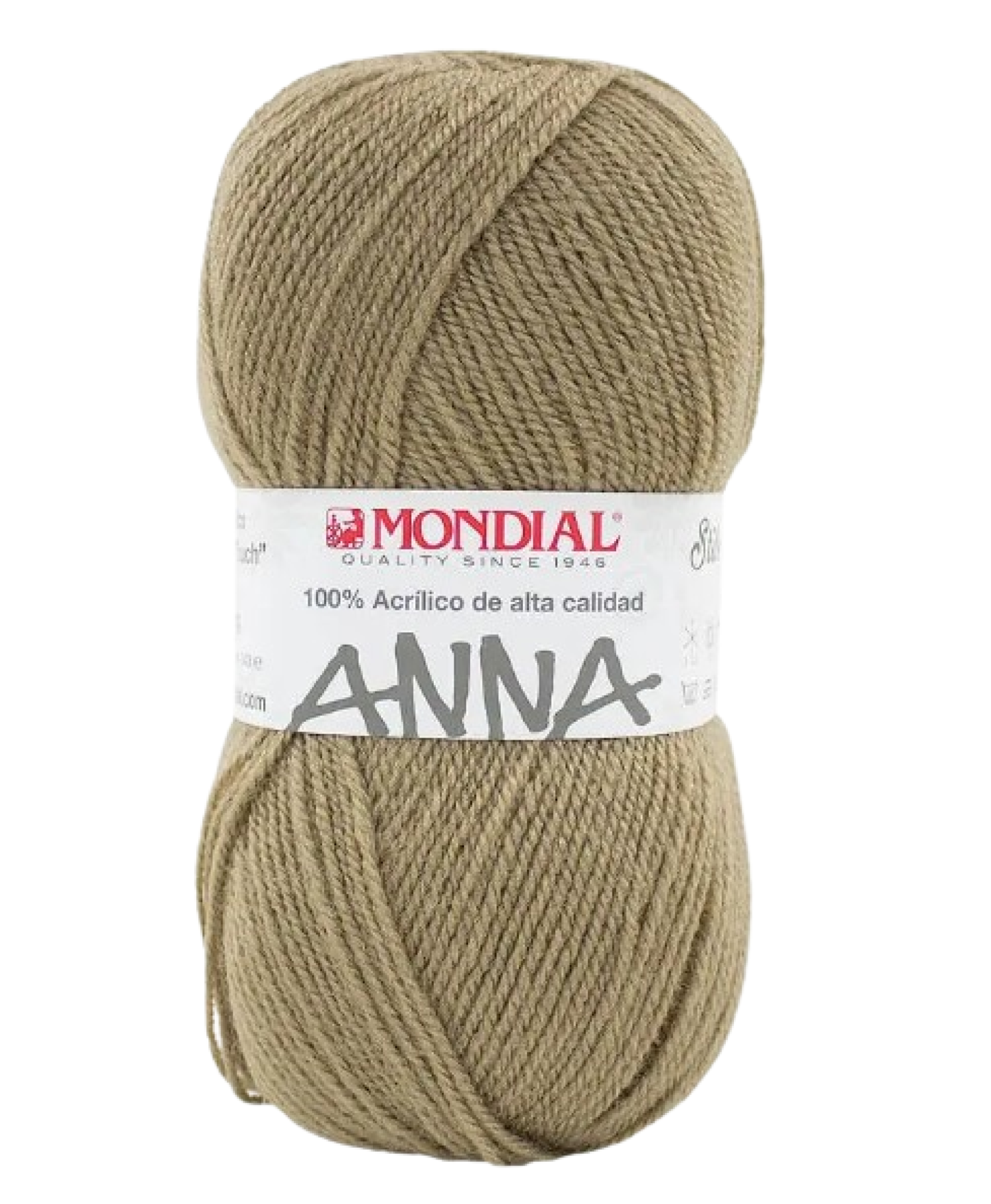 Novelo de lã acrílica castanha clara com etiqueta MONDIAL