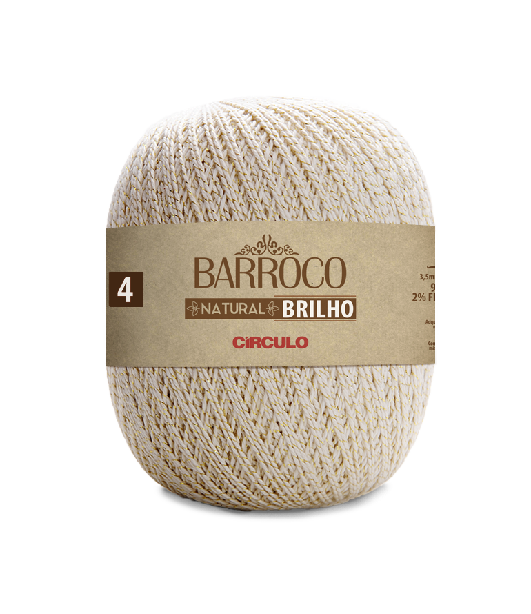 Barbante Barroco Natural Brilho branco com fios dourados e etiqueta castanha.