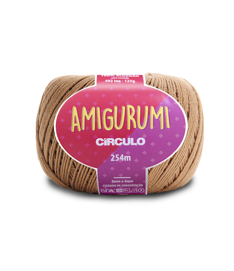 Novelo de fio de algodão castanho com etiqueta roxa e rosa 'Amigurumi Círculo 254m'