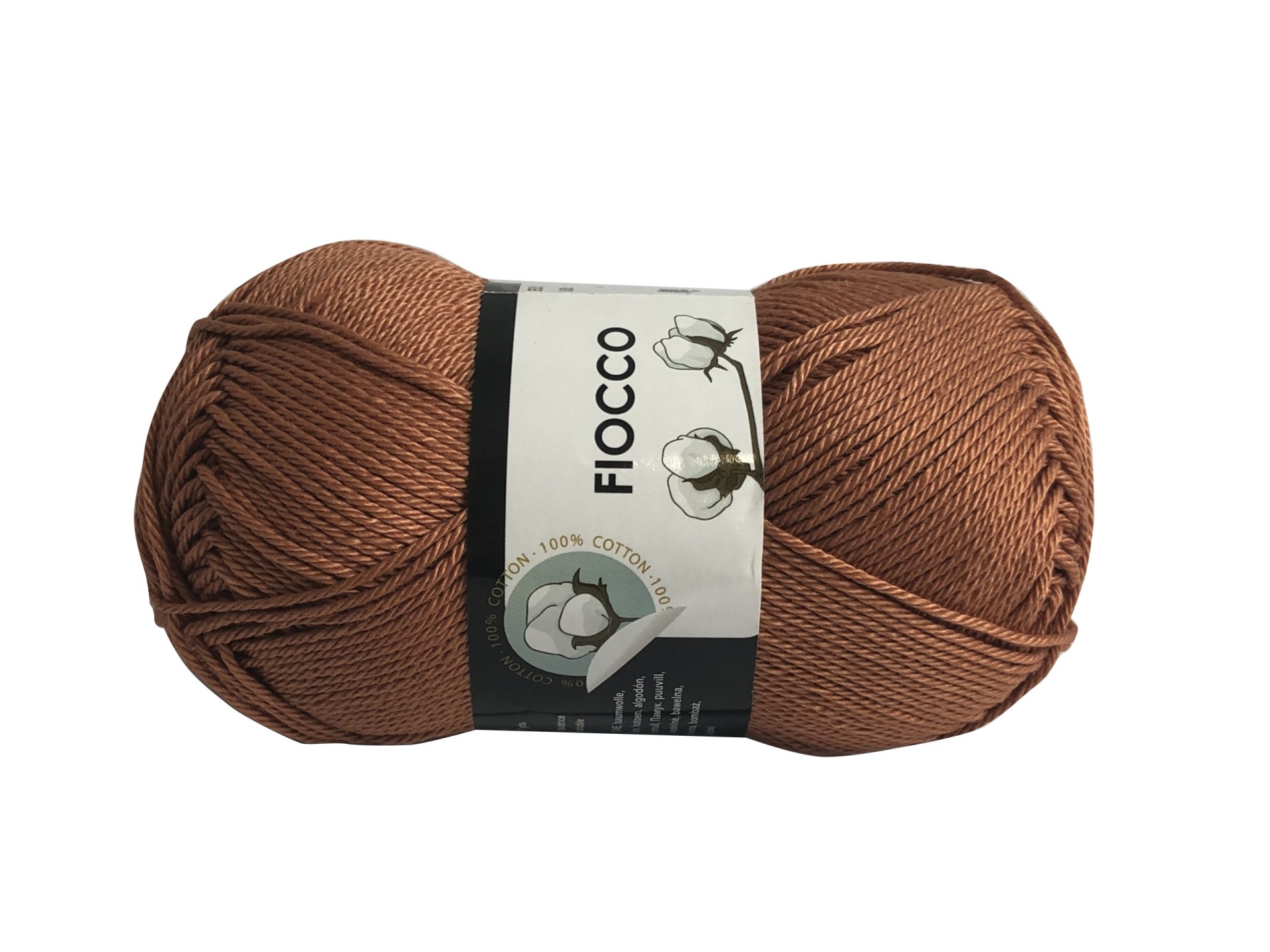 Novelo de fio de algodão castanho com rótulo branco
