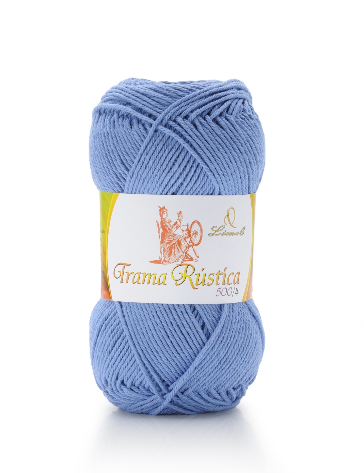 Novelo de lã azul claro com rótulo Trama Rústica