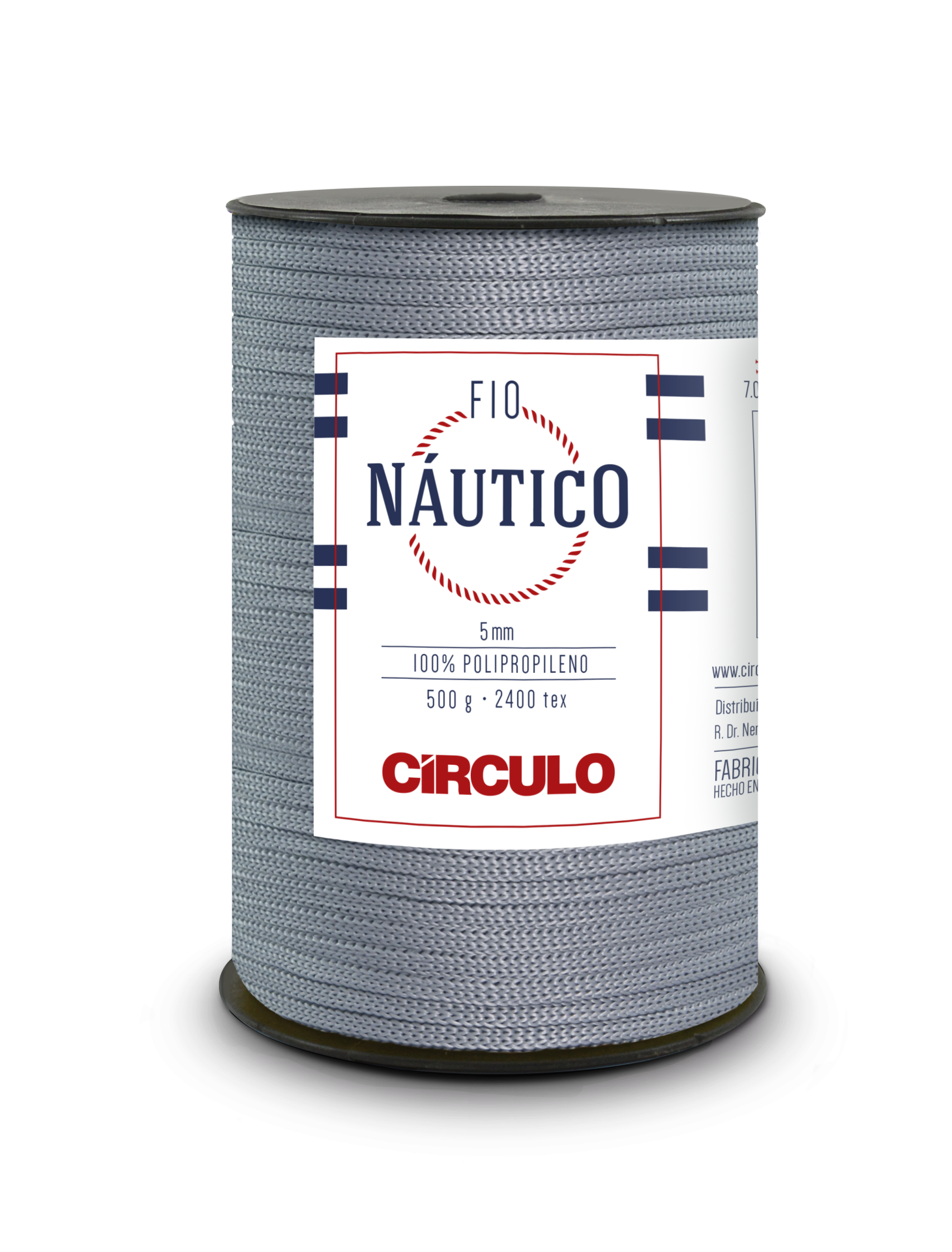 Rolo de fio náutico cinzento da marca Círculo com etiqueta branca e texto azul e vermelho