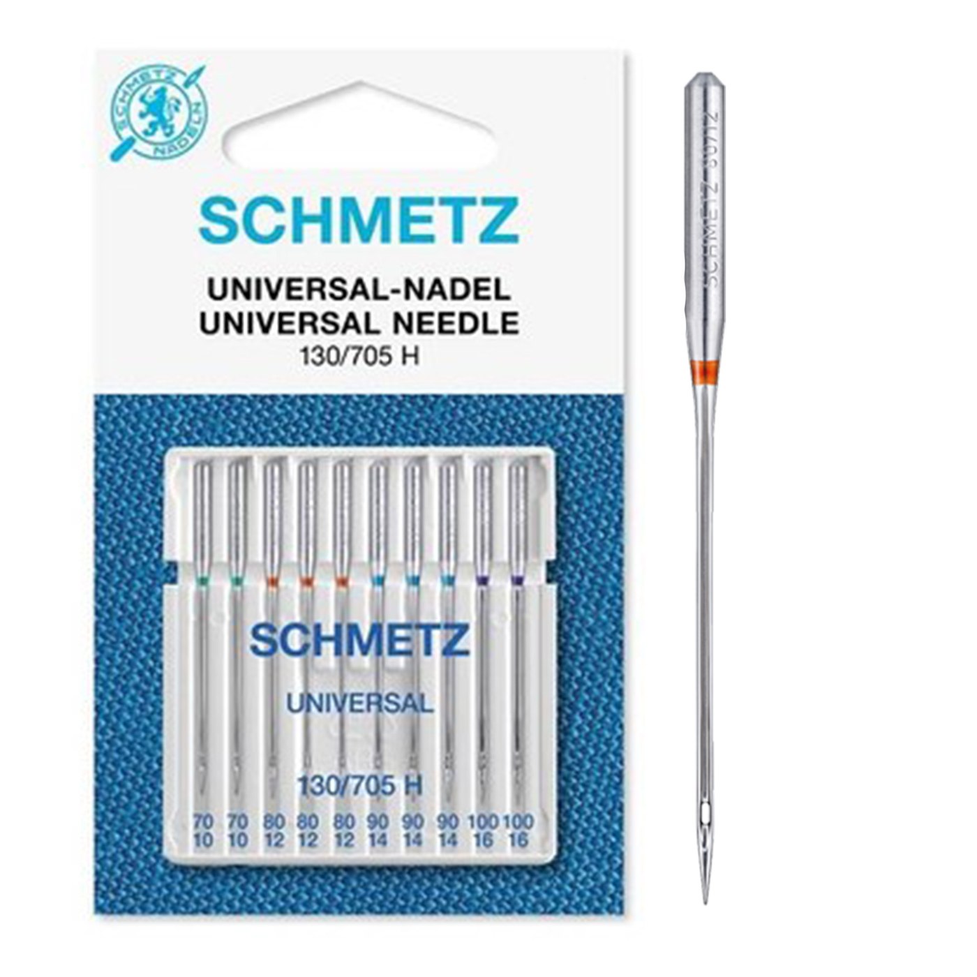 Pacote de agulhas universais de costura SCHMETZ com vários tamanhos e agulha fora da embalagem