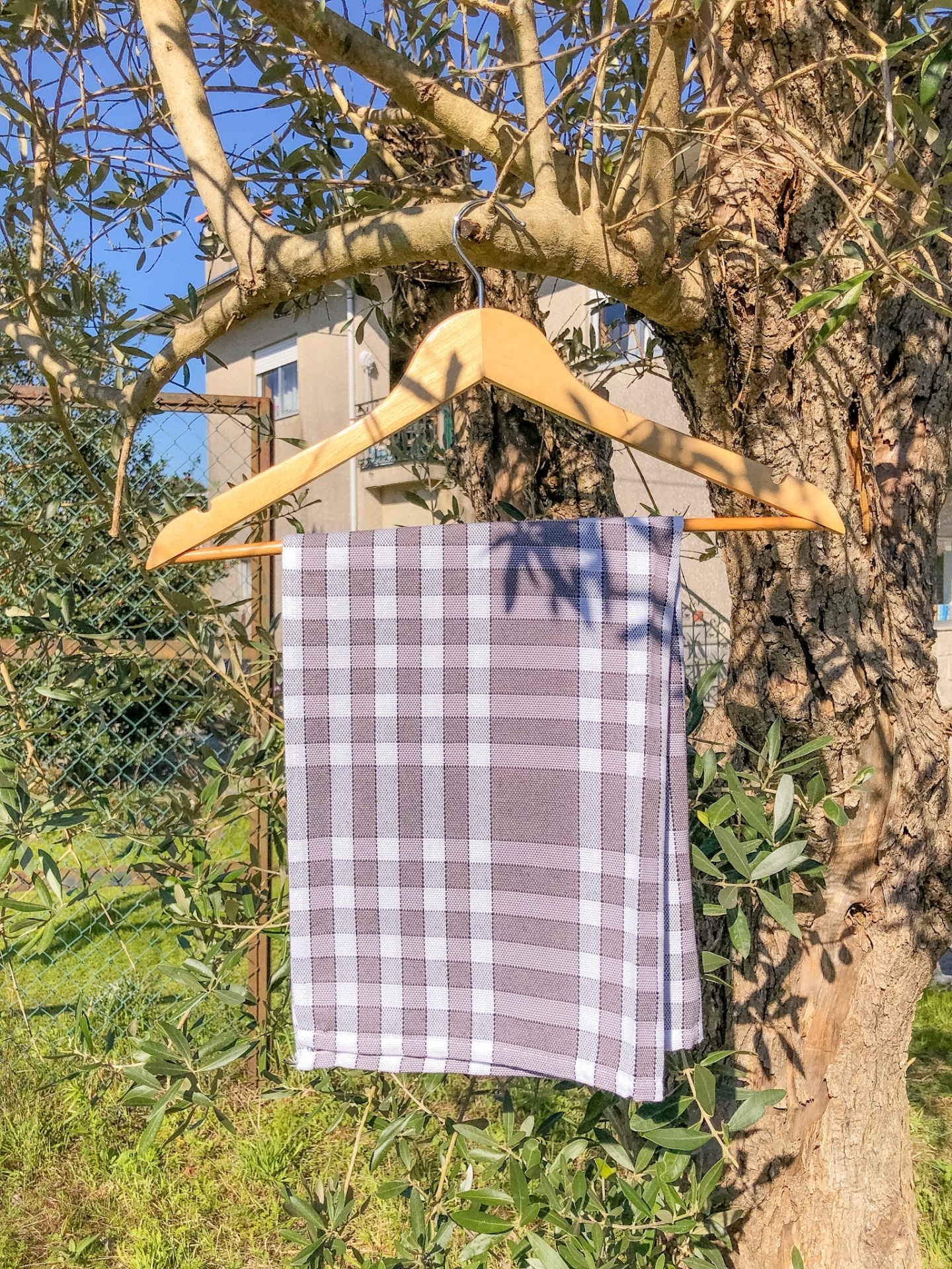 Pano de cozinha xadrez branco e cinza pendurado num cabide de madeira numa árvore ao ar livre
