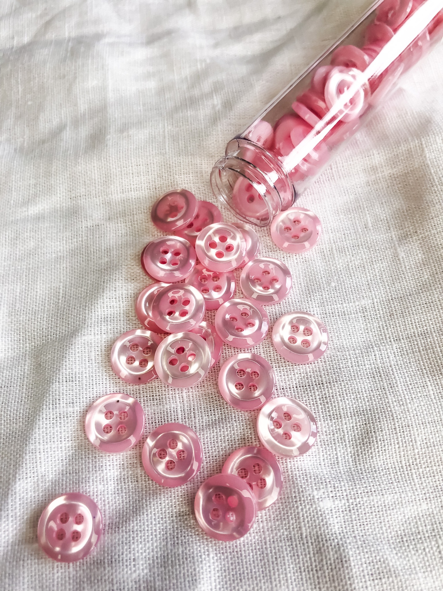 botões rosas plásticos translúcidos com quatro furos espalhados e dentro de tubo transparente