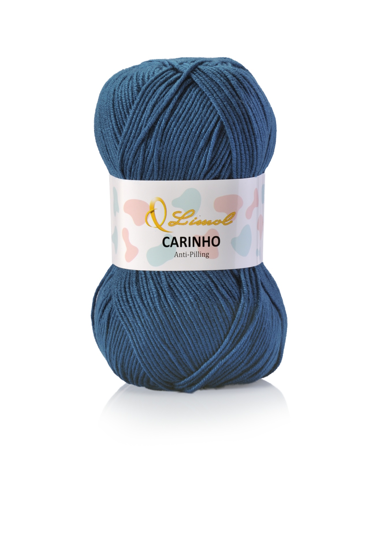 Novelo de lã azul escuro com etiqueta da marca Linvel e texto 