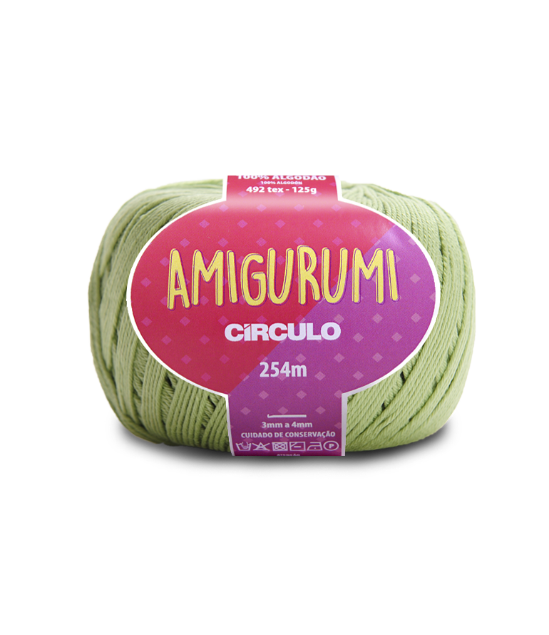 Novelo de fio Amigurumi Circulo verde claro com rótulo roxo e rosa