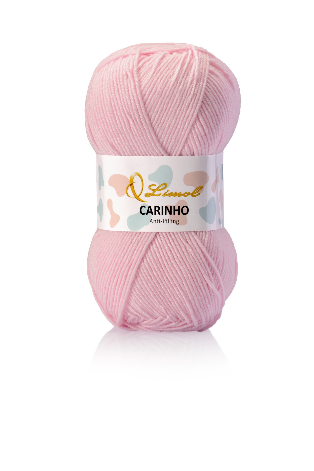 Novelo de lã cor-de-rosa com etiqueta estampada e texto Limol Carinho Anti-Pilling
