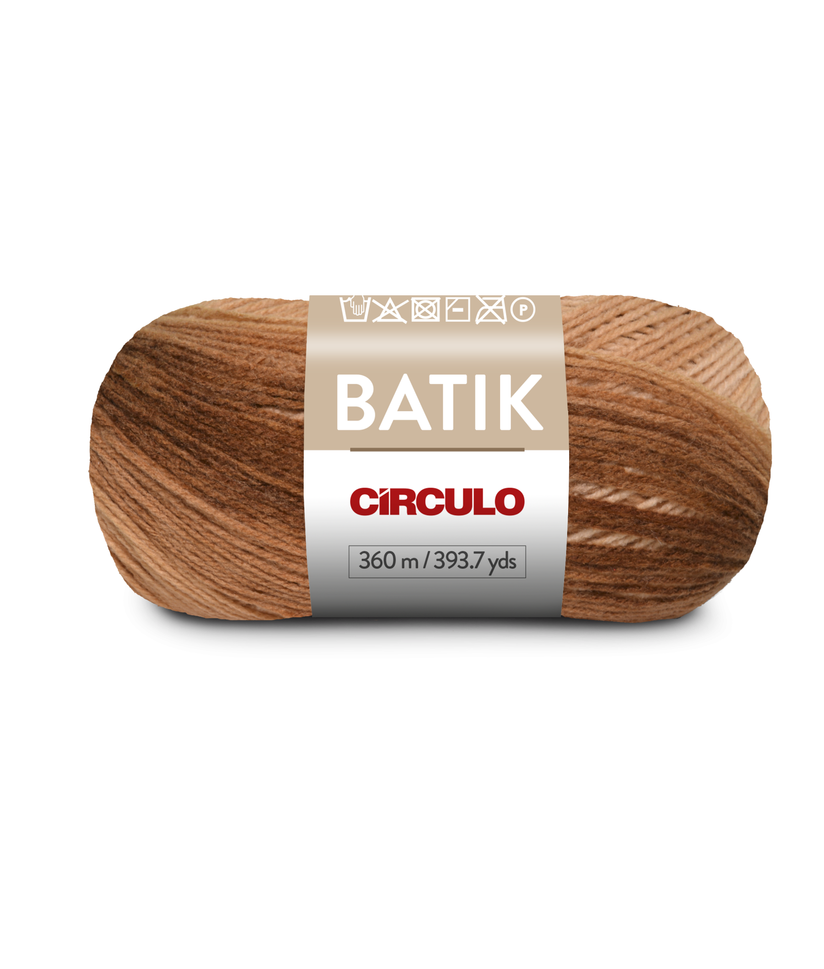 Novelo de fio de lã castanho com etiqueta BATIK CíRCULO