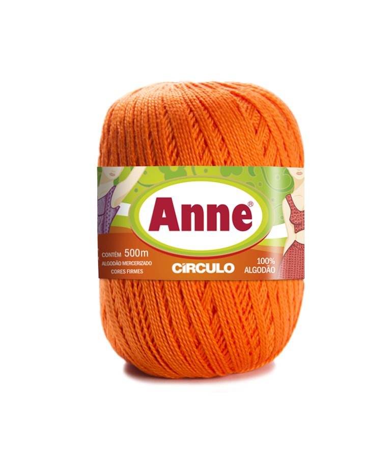 Novelo de fio laranja com etiqueta da marca Anne em verde, branco e castanho