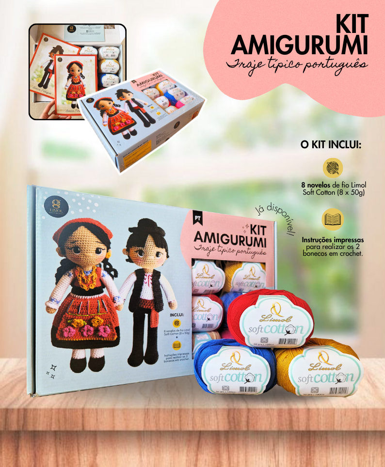 Kit Amigurumi com bonecos tradicionais portugueses em crochet e novelos de lã coloridos