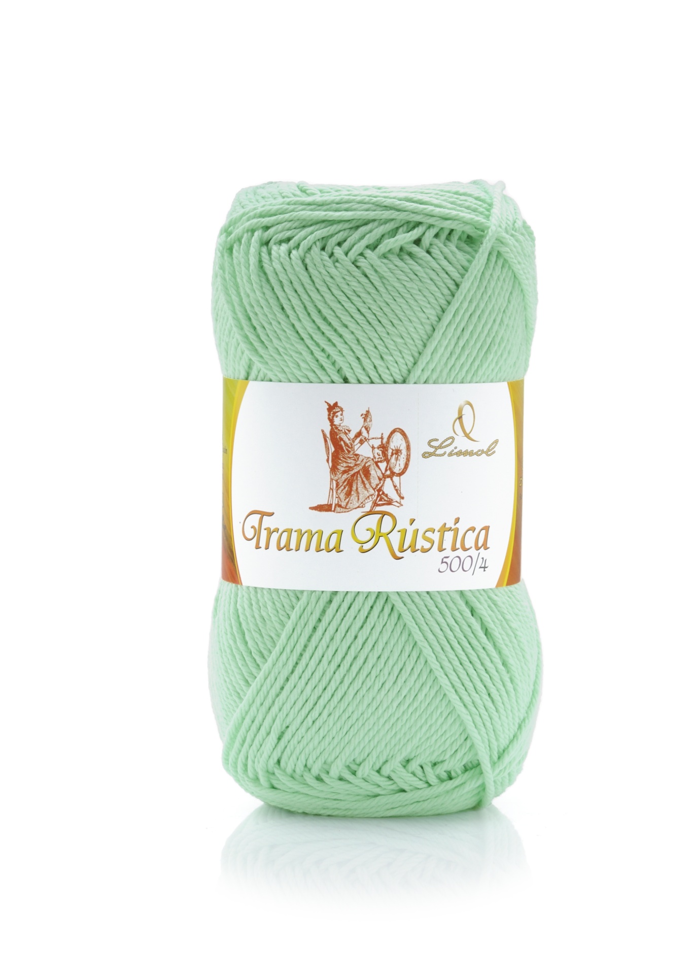 Novelo de lã verde clara com rótulo branco e texto Limol Trama Rústica 500/4