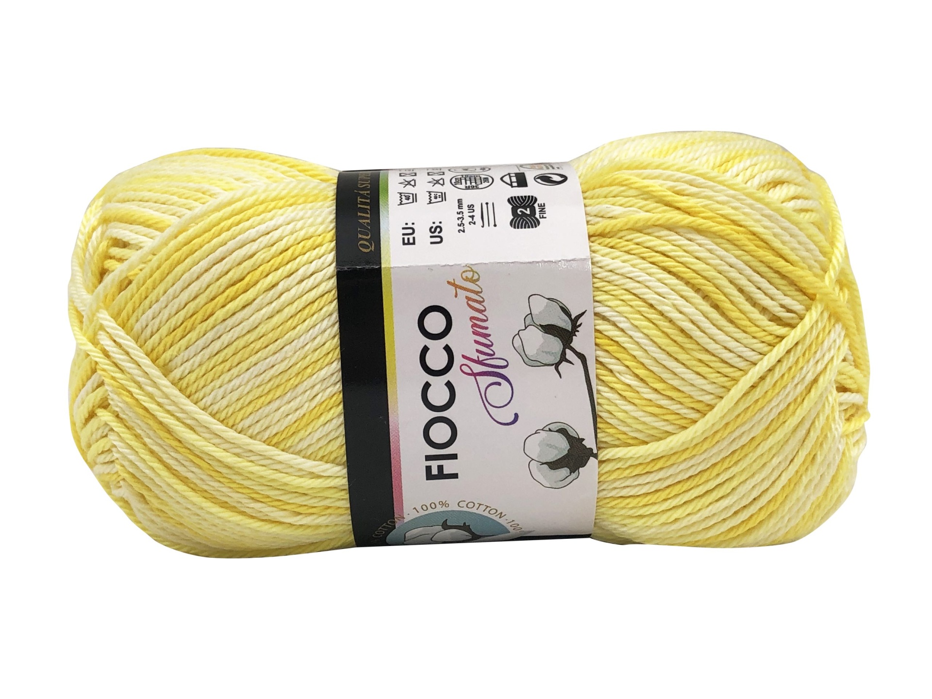 Novelo de lã amarelo e creme com etiqueta branca e ilustração de algodão