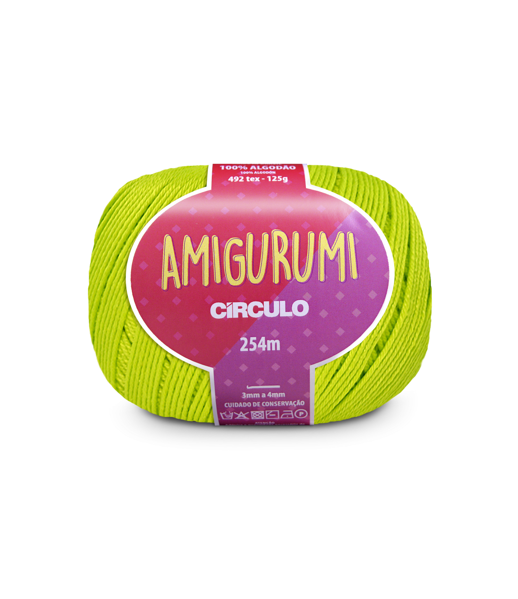 Novelo de fio amarelo fluorescente Amigurumi Círculo com etiqueta roxa