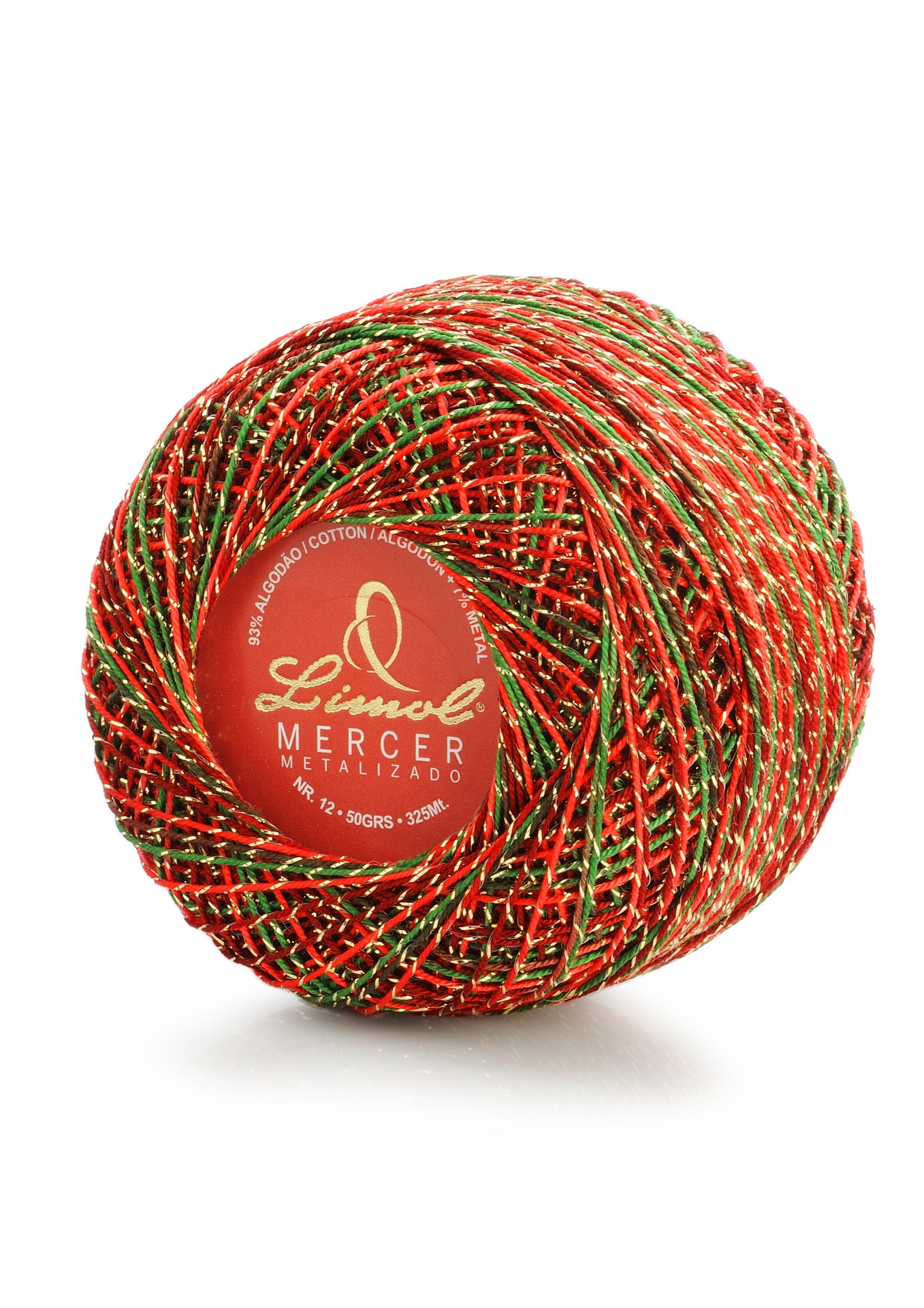 Novelo de fio mercerizado metalizado com etiqueta vermelha