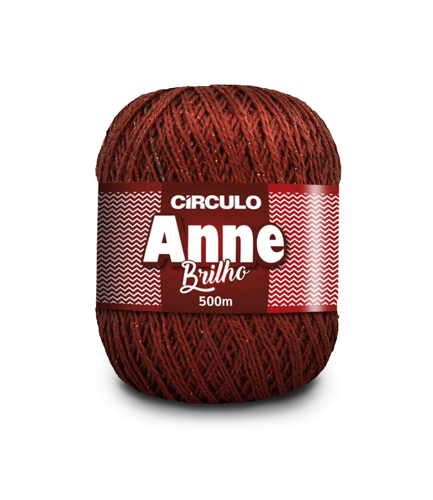 Novelo de fio marron com brilho dourado e etiqueta vermelha e branca