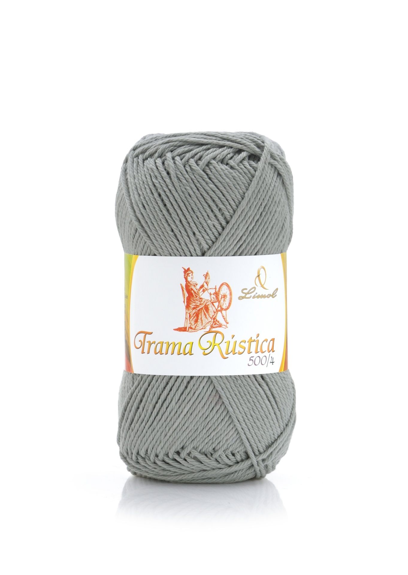 Novelo de lã cinzenta com etiqueta branca e texto Trama Rústica 500/4
